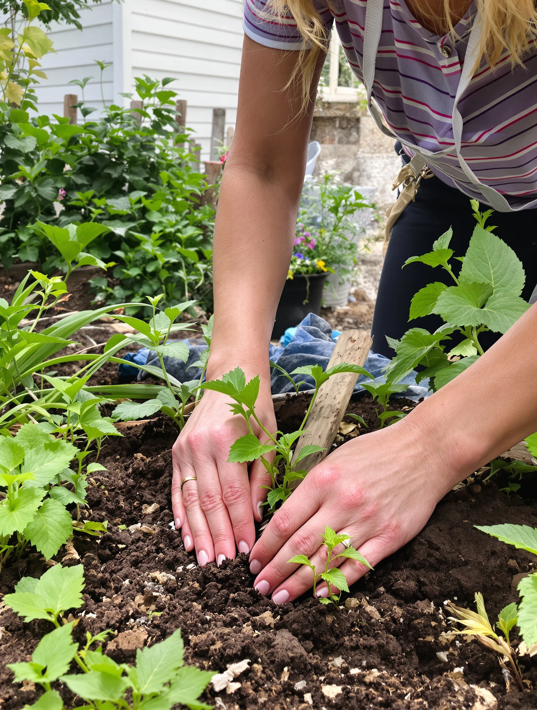 Woman tending to backyard garden, hands in soil with plants. Gardening clothes, green thumb work, outdoor hobby, growing things.