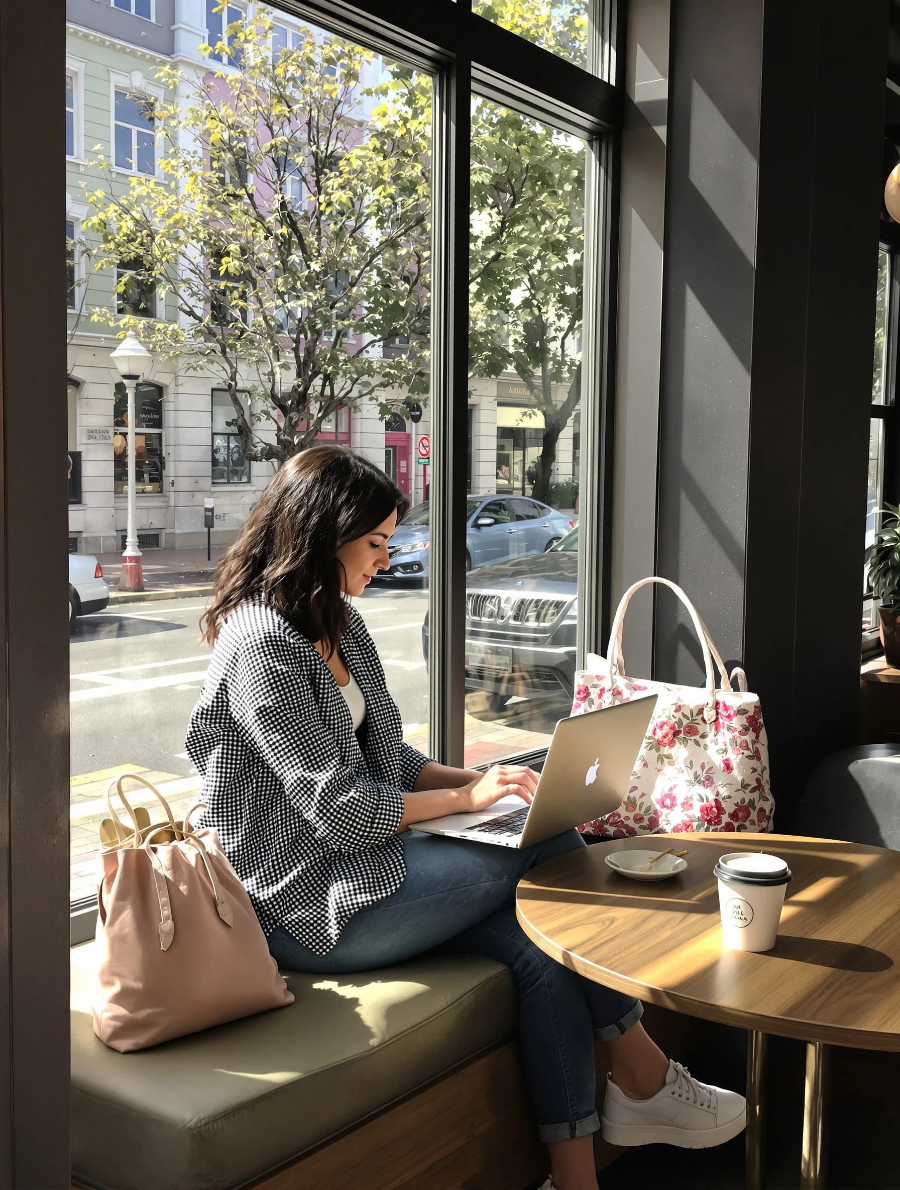 Woman working on laptop at a s