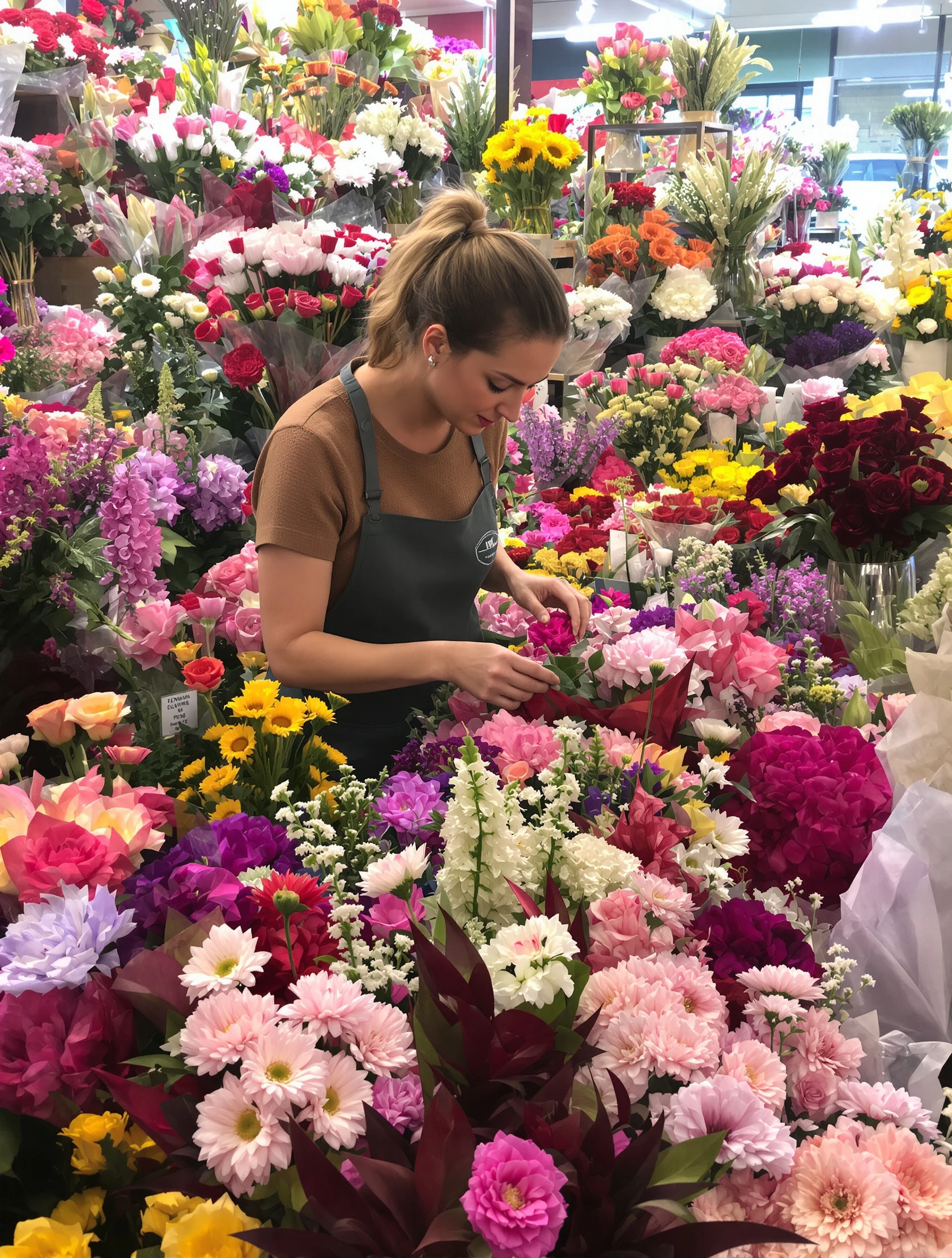 Woman florist arranging beautiful bouquet, surrounded by fresh flowers. Flower shop setting, color and texture, botanical artistry, natural beauty.
