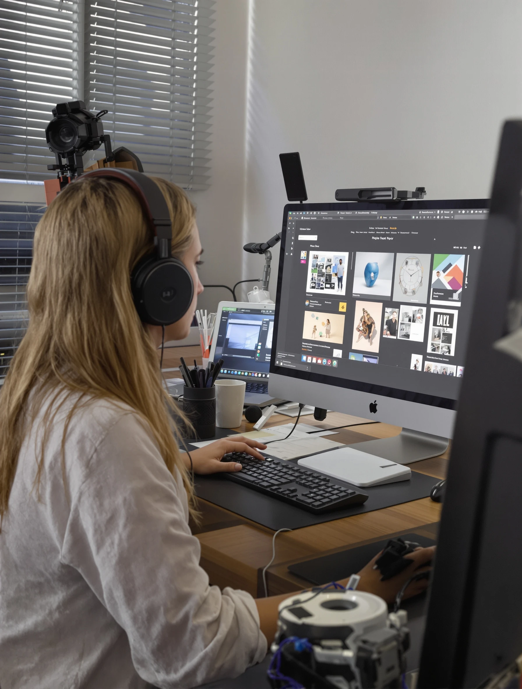 Woman graphic designer at computer, creative work on screen. Modern creative workspace, digital art, design thinking, visual creation.