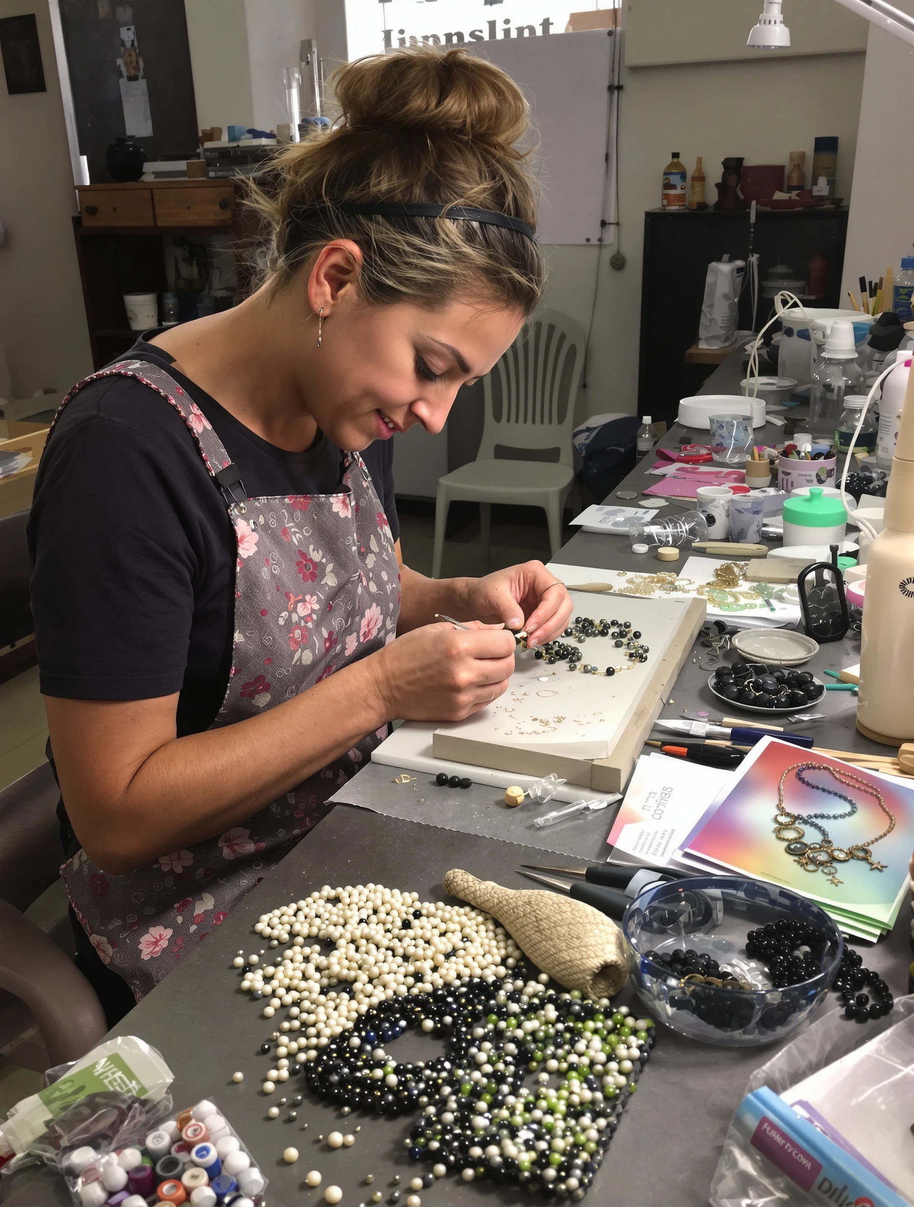 Woman making handcrafted jewelry at workbench, delicate tools and beads. Maker space, detailed work, artisan creation, handmade beauty.