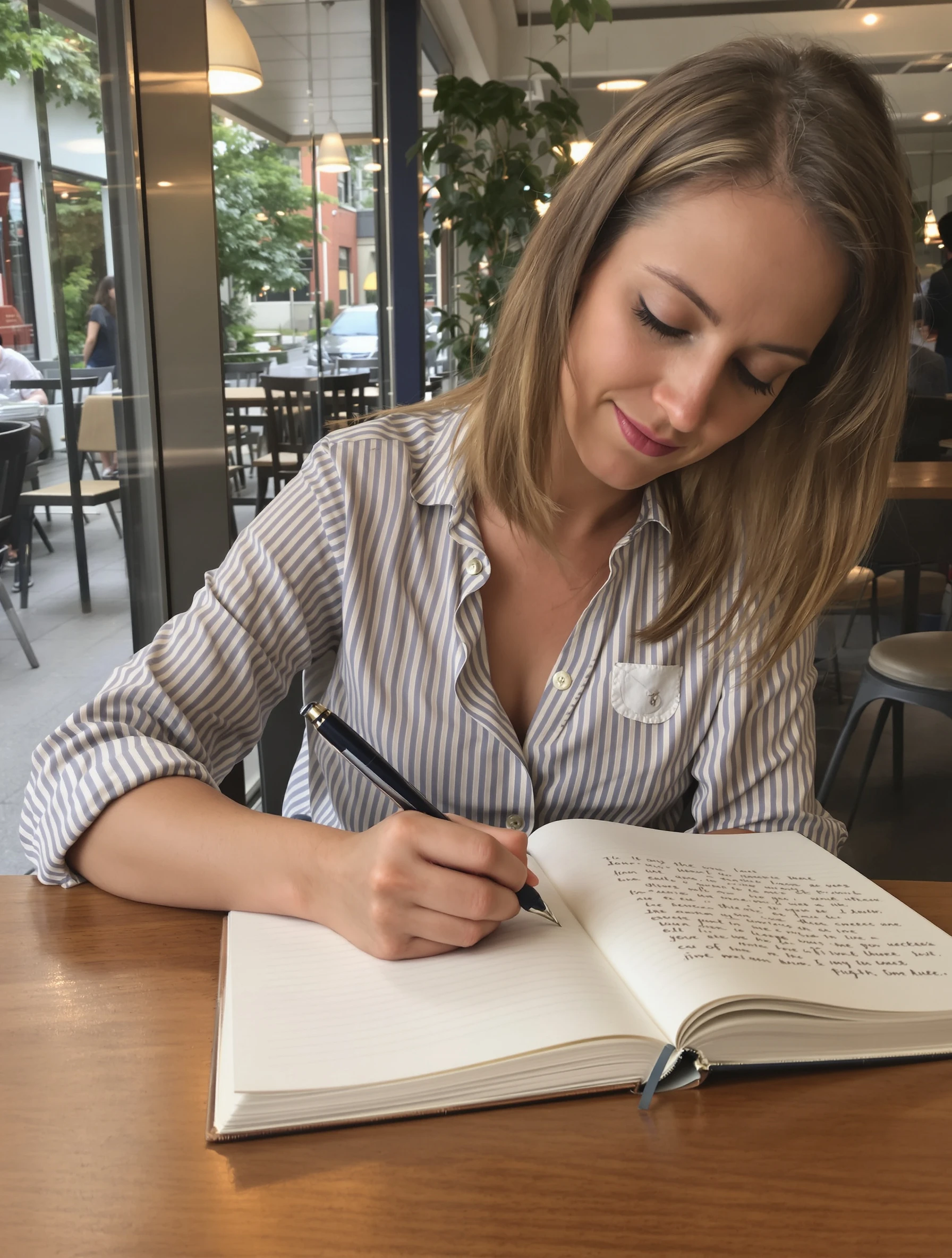 Woman writing in journal at cafe, pen moving across pages. Thoughtful expression, creative writing, capturing thoughts, literary pursuit.