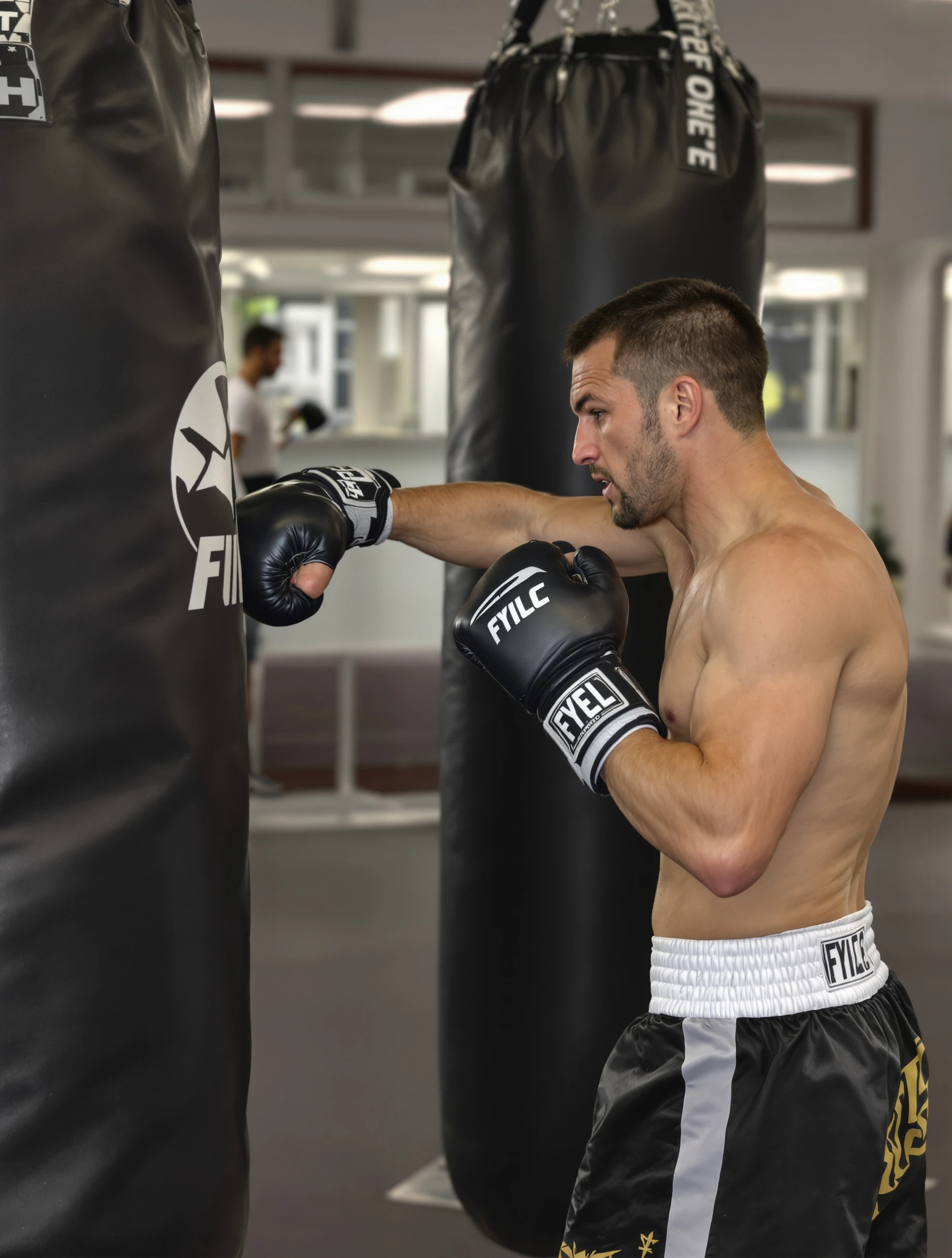 Man boxing training, throwing combination punches at heavy bag. Boxing shorts and wraps, focused aggression, fighter training.