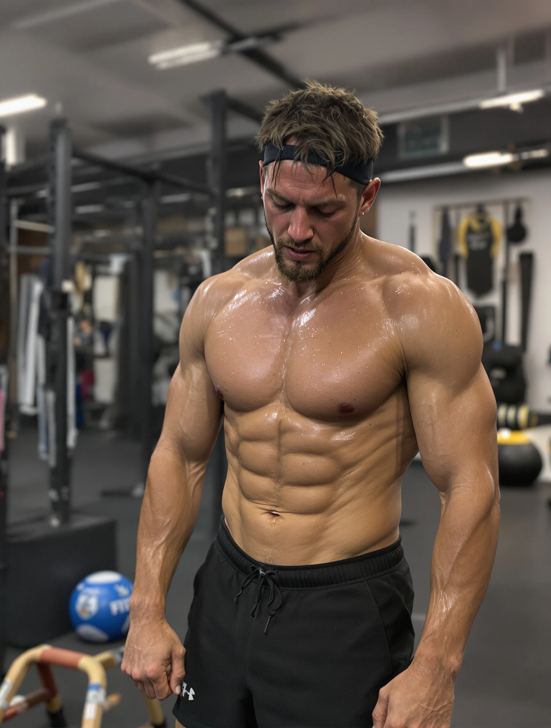 Man doing intense CrossFit WOD, muscles working, sweat dripping. Functional fitness gear, box gym setting, pushing limits.