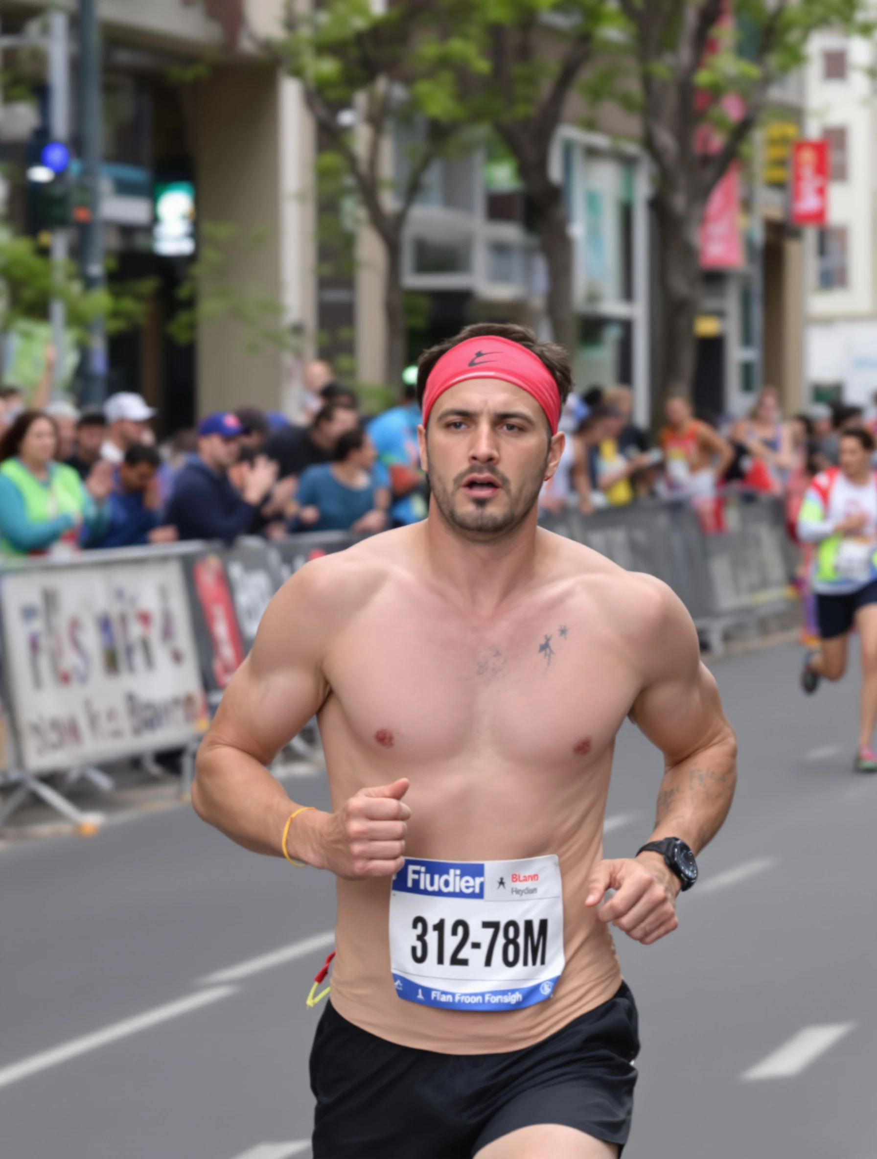 Man running marathon, determined expression, crowds cheering along route. Running singlet with bib, urban race course, endurance athlete.