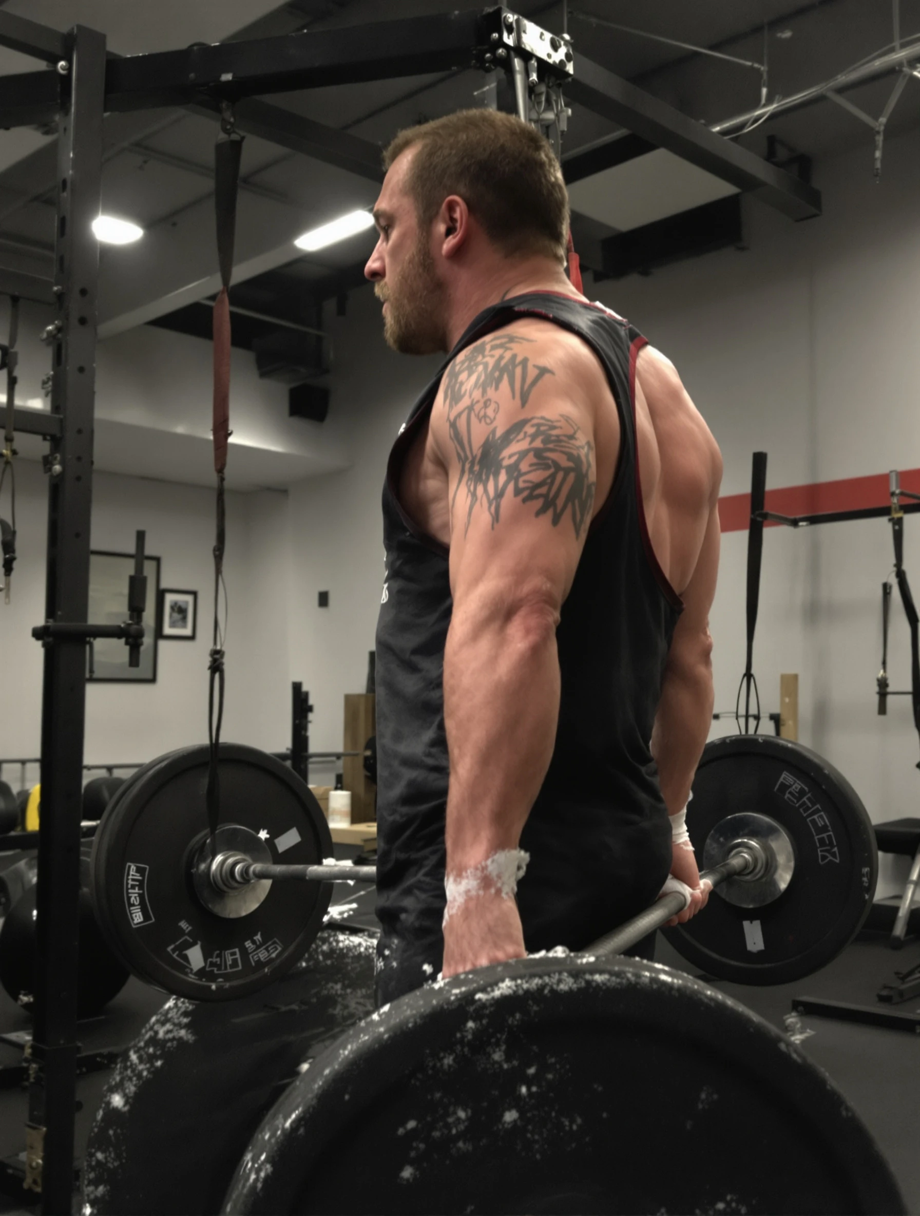 Strong man performing heavy deadlift, chalk on hands, focused intensity. Powerlifting gym, serious weight, proper form, raw strength.