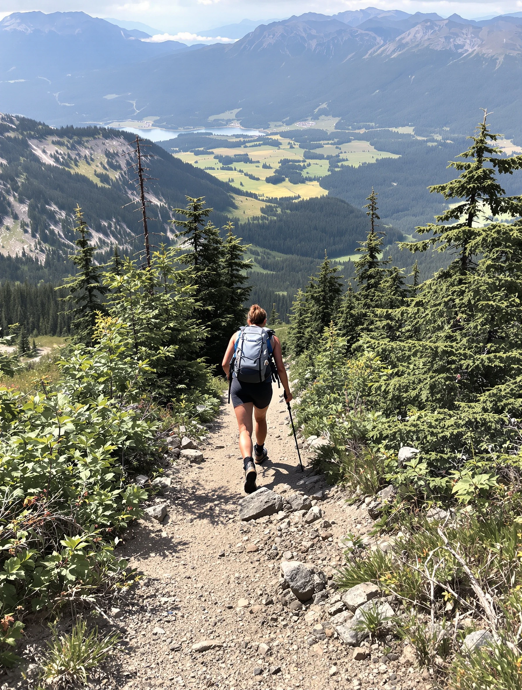Woman hiking up steep mountain trail, scenic wilderness all around. Hiking boots and gear, challenging terrain, outdoor fitness, adventure.