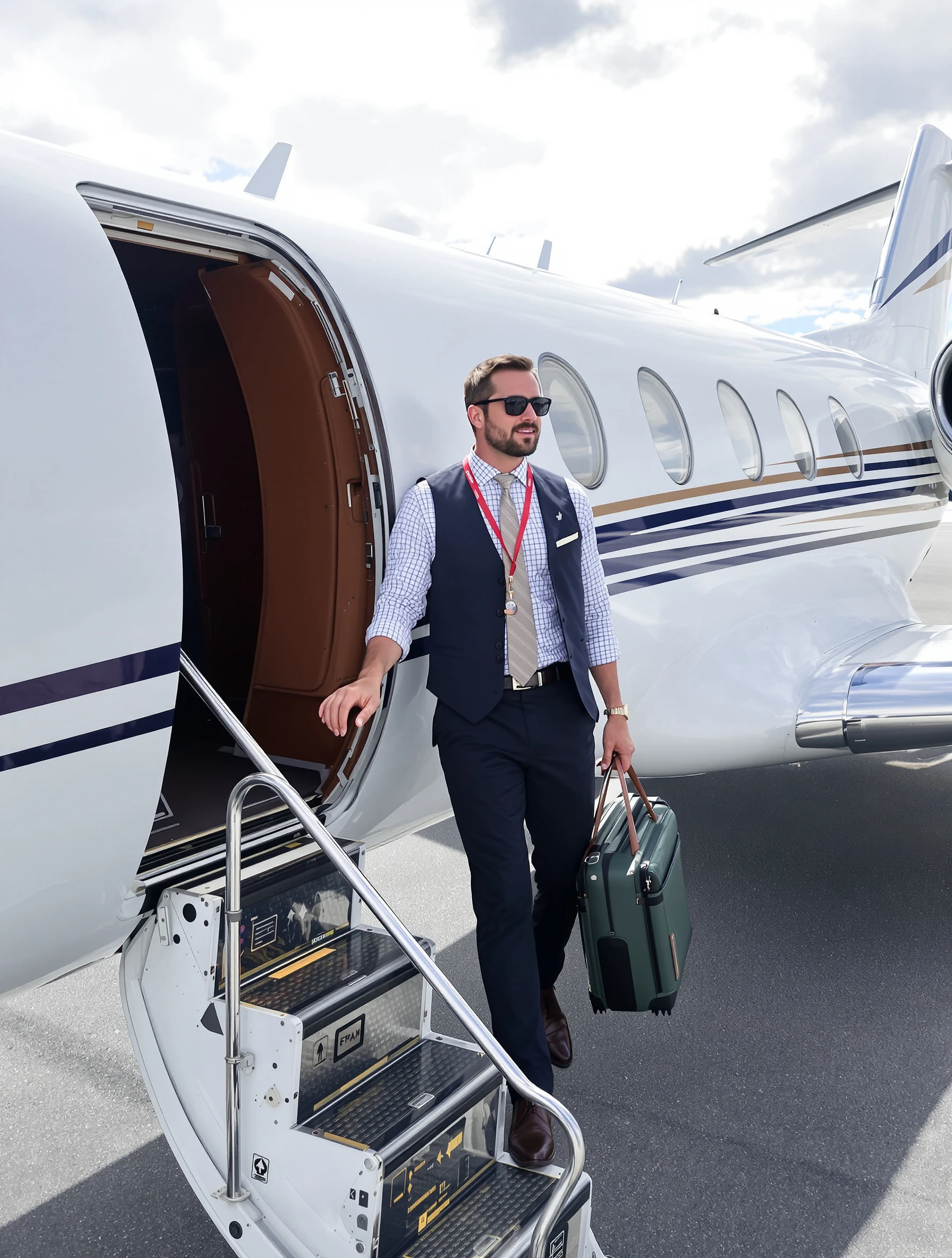 Man boarding private jet, business casual luxury travel. Exclusive aviation, tarmac access, time-efficient travel, executive lifestyle.