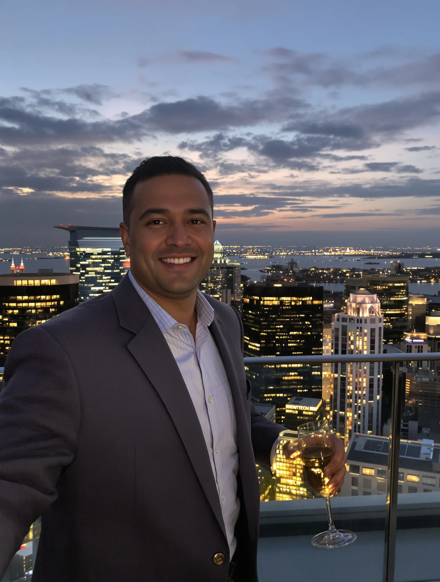 Man on penthouse terrace with stunning cityscape, evening celebration. Tailored blazer, champagne toast, urban success, achieving dreams.