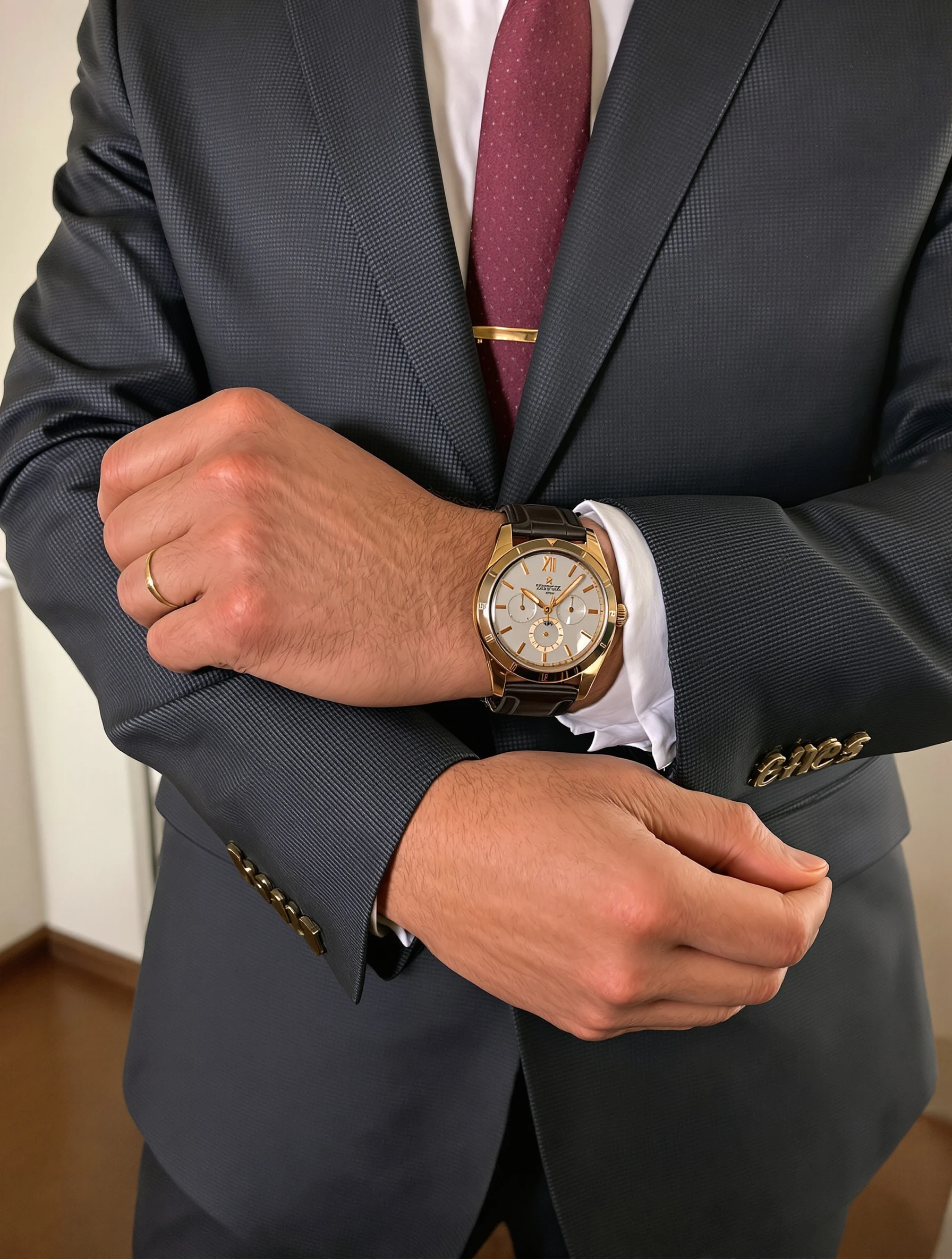 Successful man with luxury watch adjusting cuff, boardroom background. Tailored suit, timepiece detail, business success, refined taste.