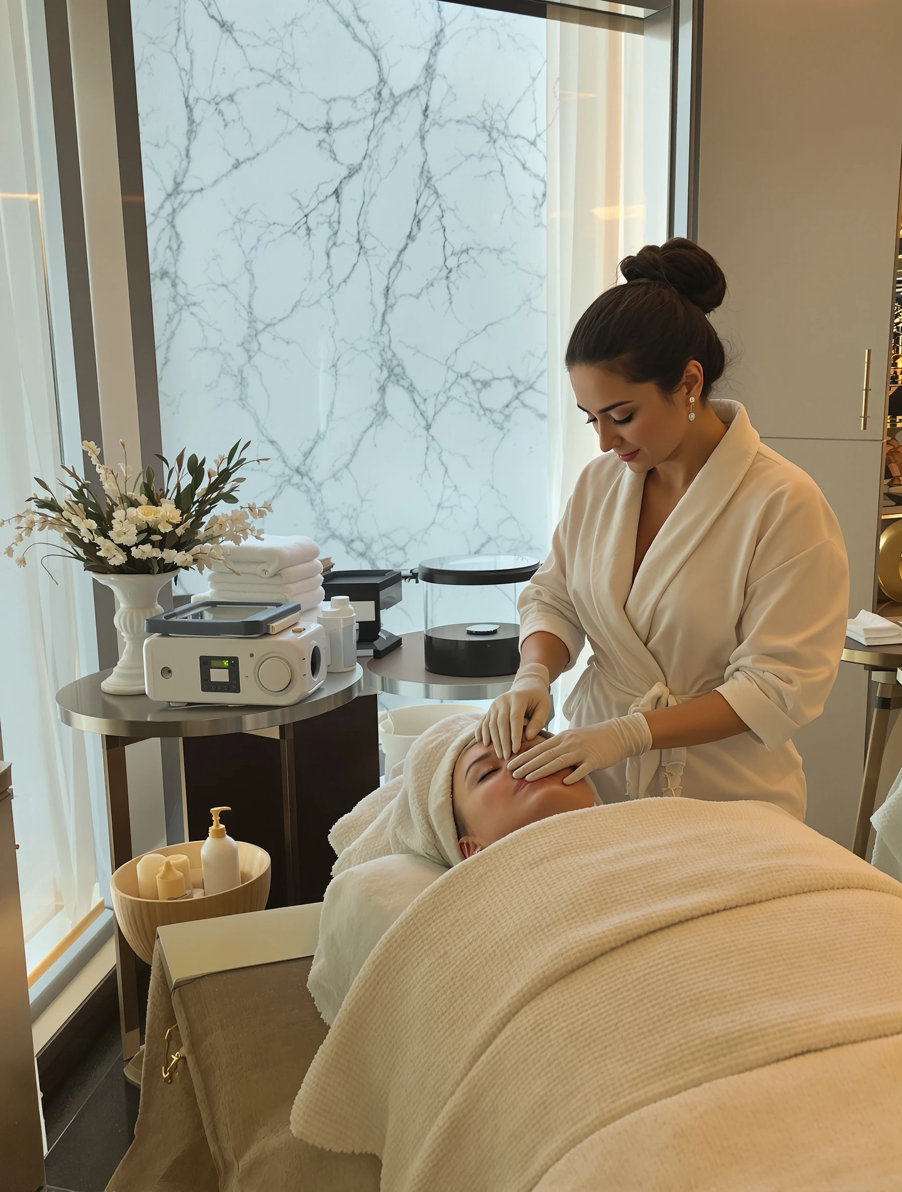 Woman at exclusive spa receiving treatment, serene luxurious setting. Spa robe, relaxation sanctuary, wellness indulgence, self-care luxury.
