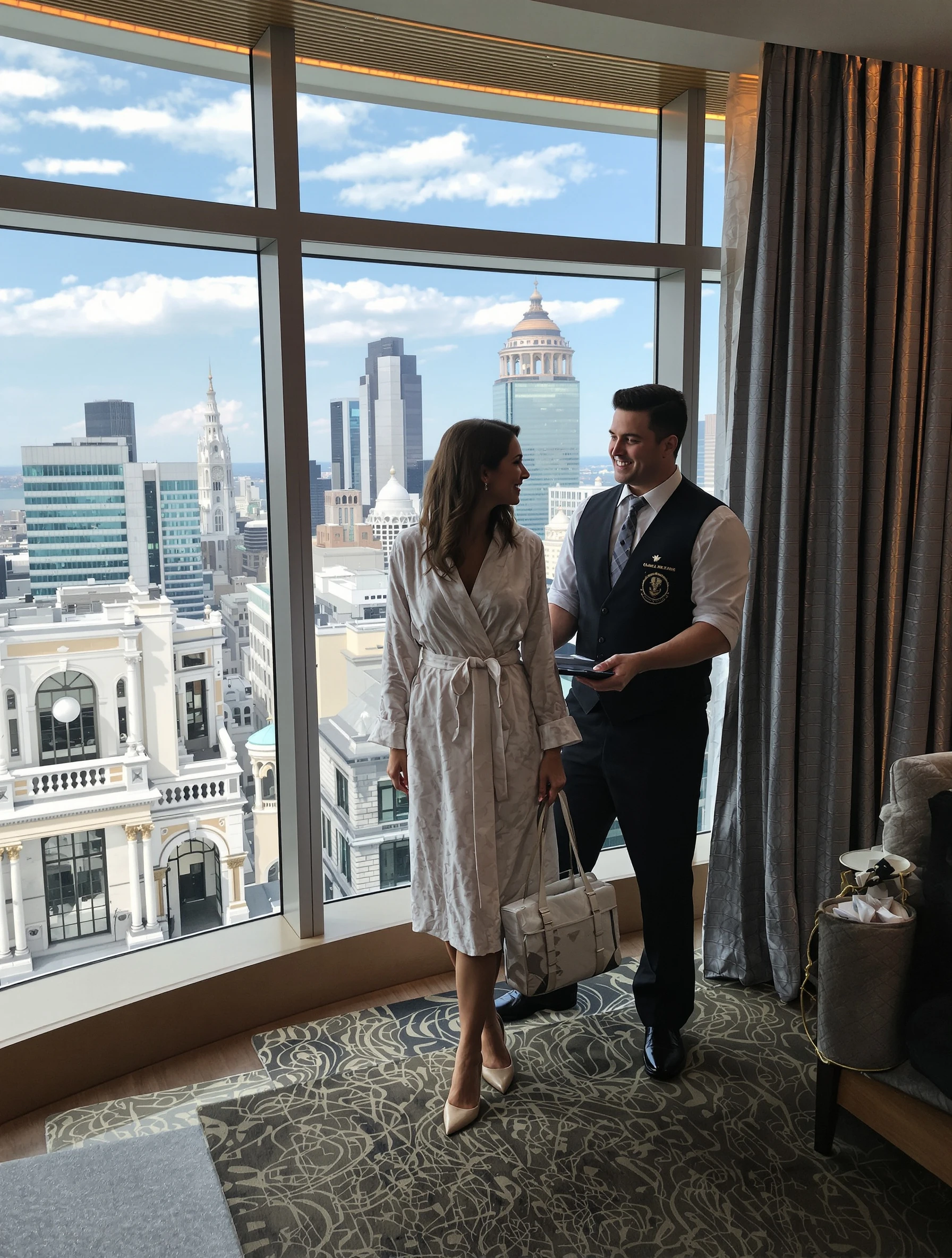Woman in five-star hotel suite, butler service, city views through windows. Elegant robe, luxury amenities, world-class hospitality, travel in style.