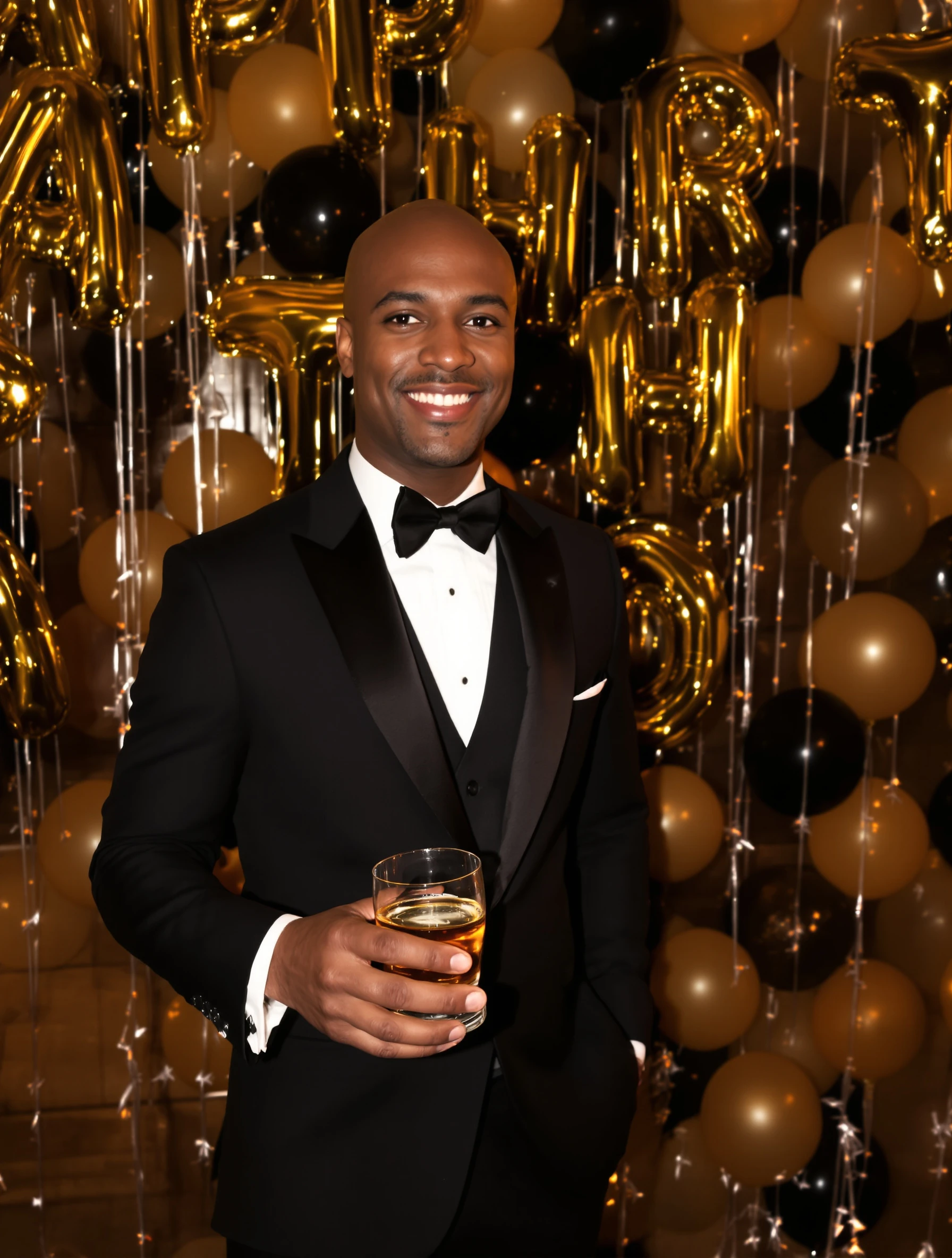Man in a black tuxedo holding a glass of whiskey in front of a wall of gold and black balloons at a birthday party, smooth confident smile, warm bar lighting.