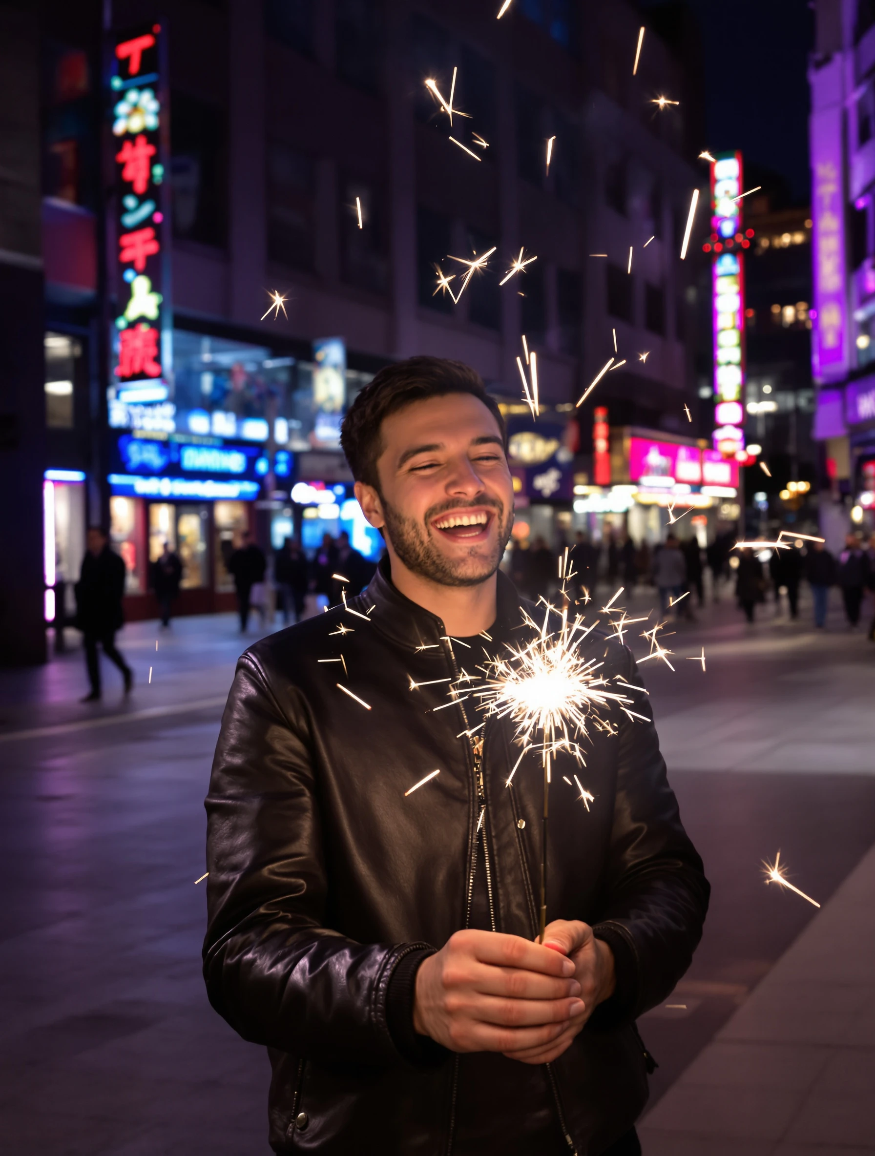 Man in a leather jacket holding a lit sparkler on a city street at night, sparks flying, laughing, neon storefronts blurred behind him.