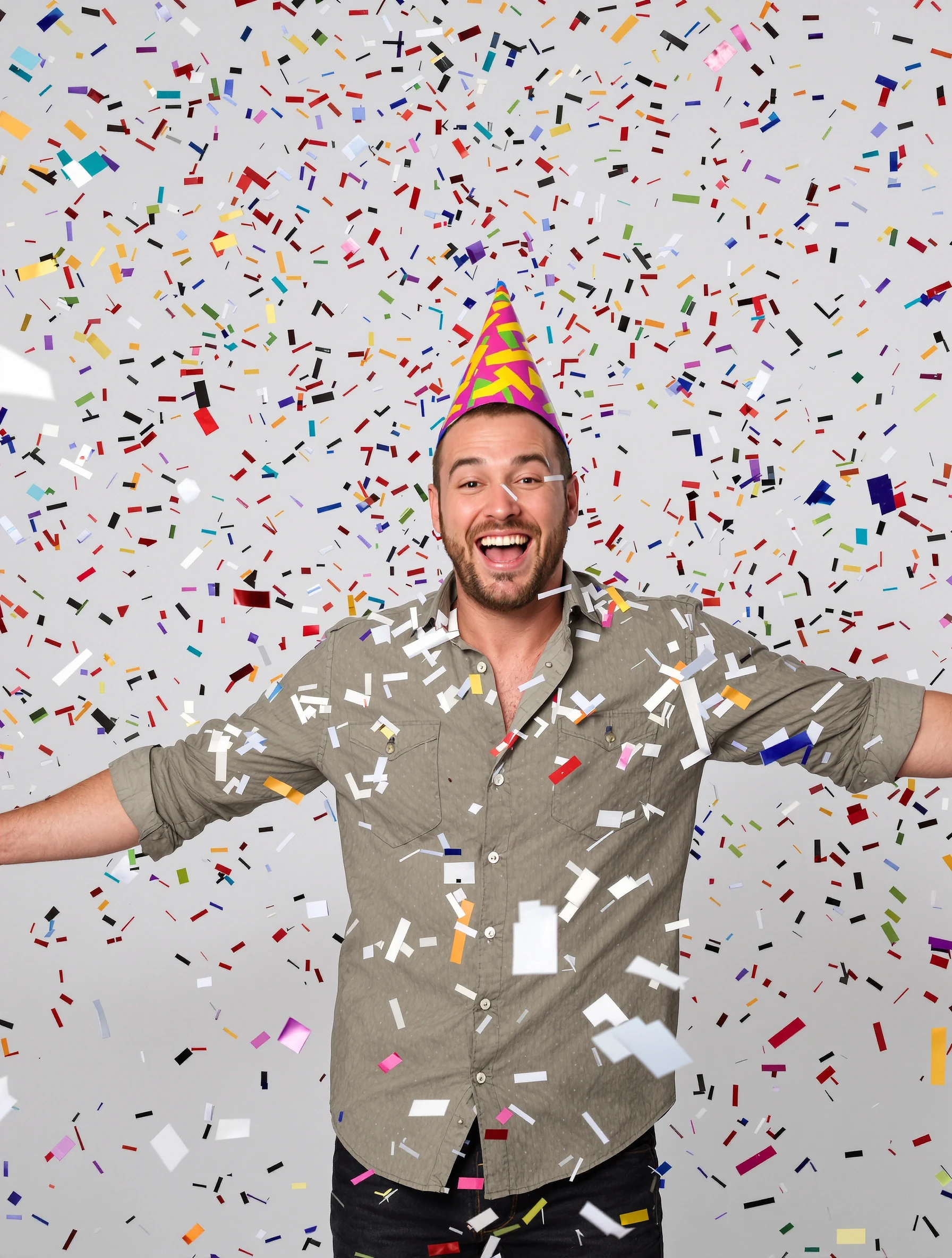 Man in a party hat and casual shirt grinning as confetti cannons go off around him in a bright studio, confetti frozen mid-air, arms out wide.