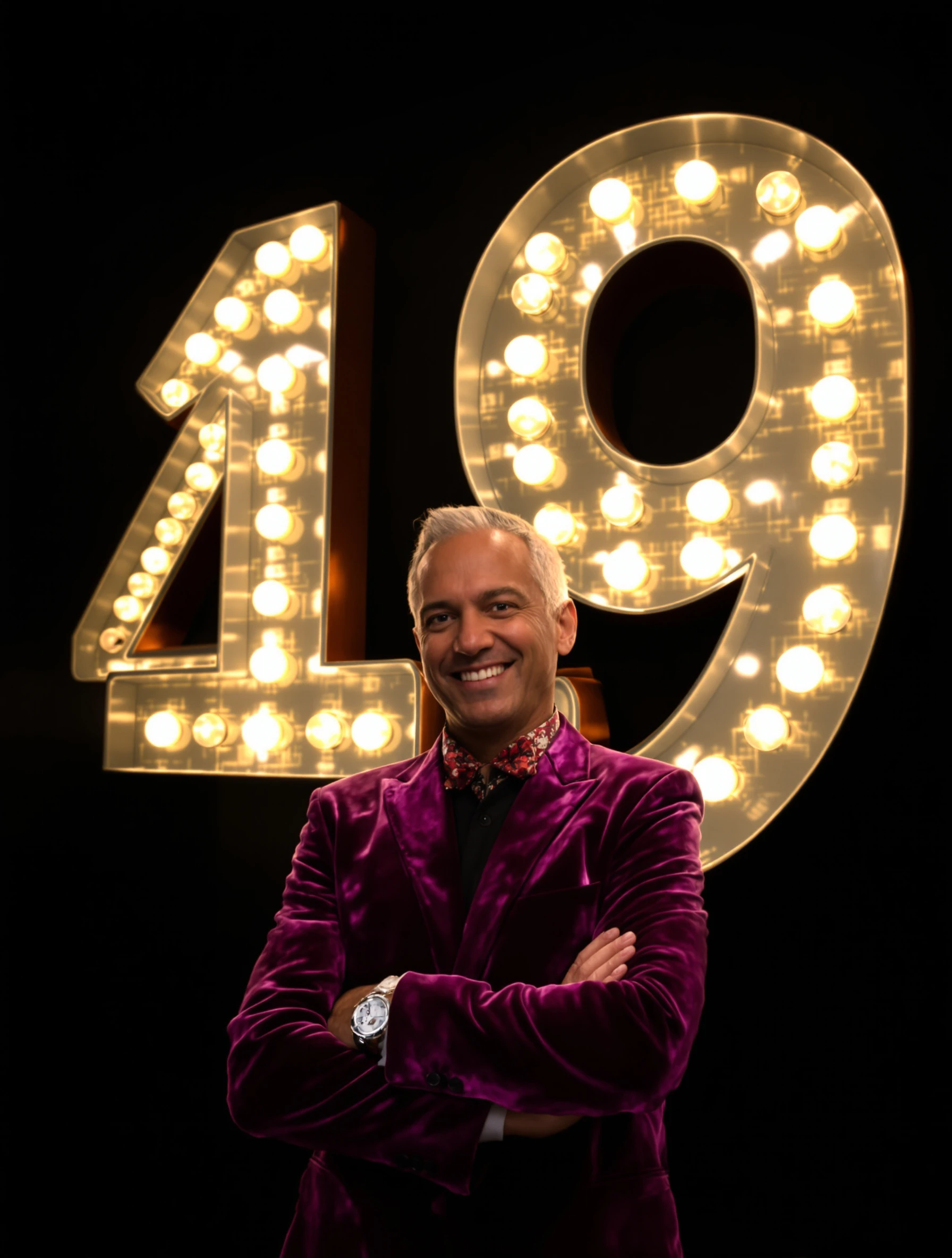 Man in a velvet blazer in front of a giant illuminated marquee sign spelling his age, dark studio, dramatic warm bulb light, arms crossed and smiling.