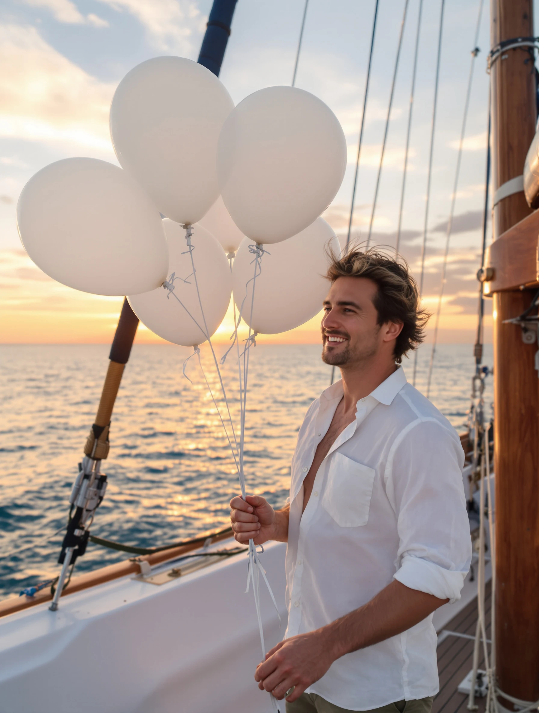 Man on a boat deck at sunset holding a bunch of white balloons, linen shirt open at the collar, wind in his hair, carefree birthday getaway mood.