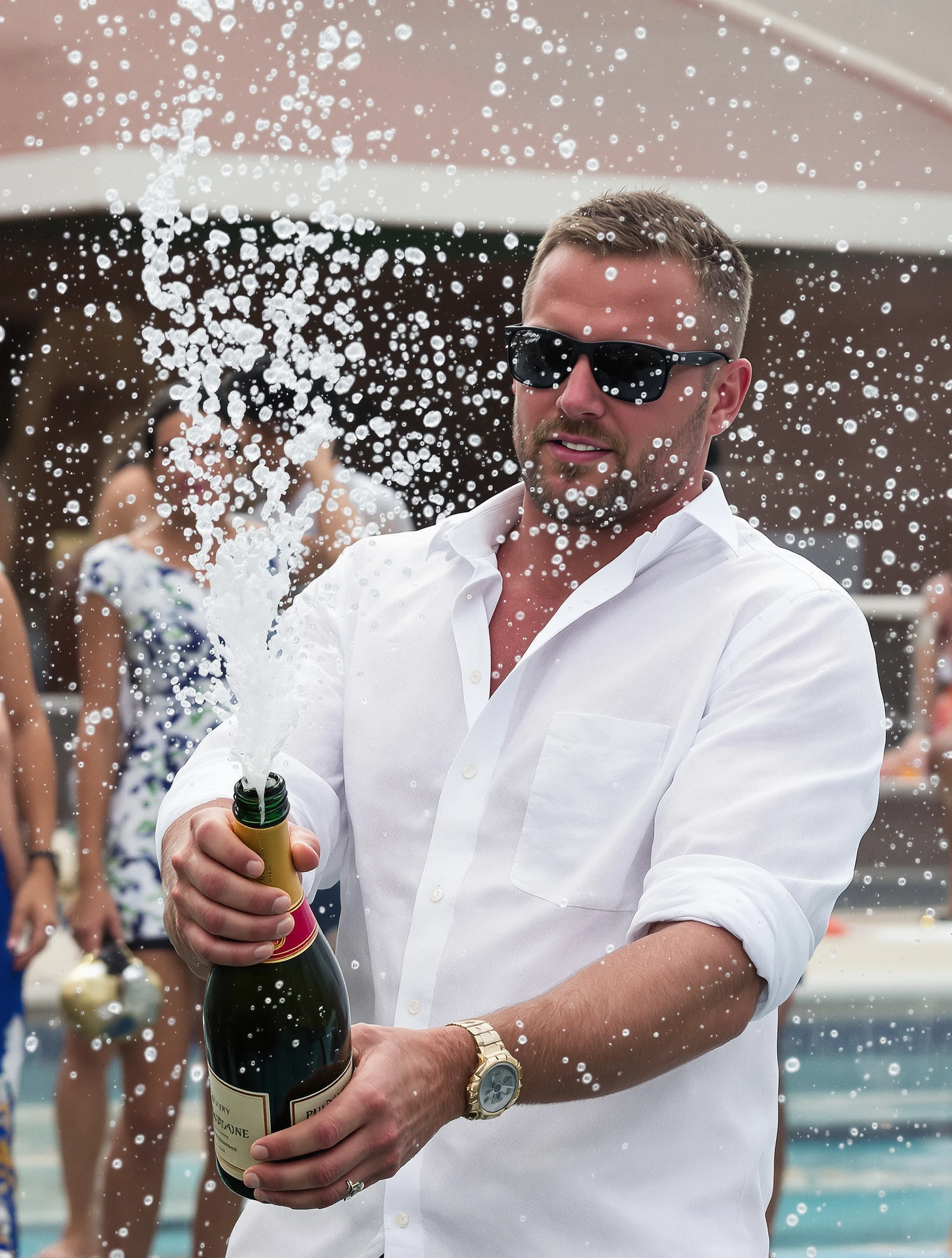 Man popping a bottle of champagne in slow motion at a pool party, spray frozen in the air, sunglasses, white linen shirt, friends blurred in the background.