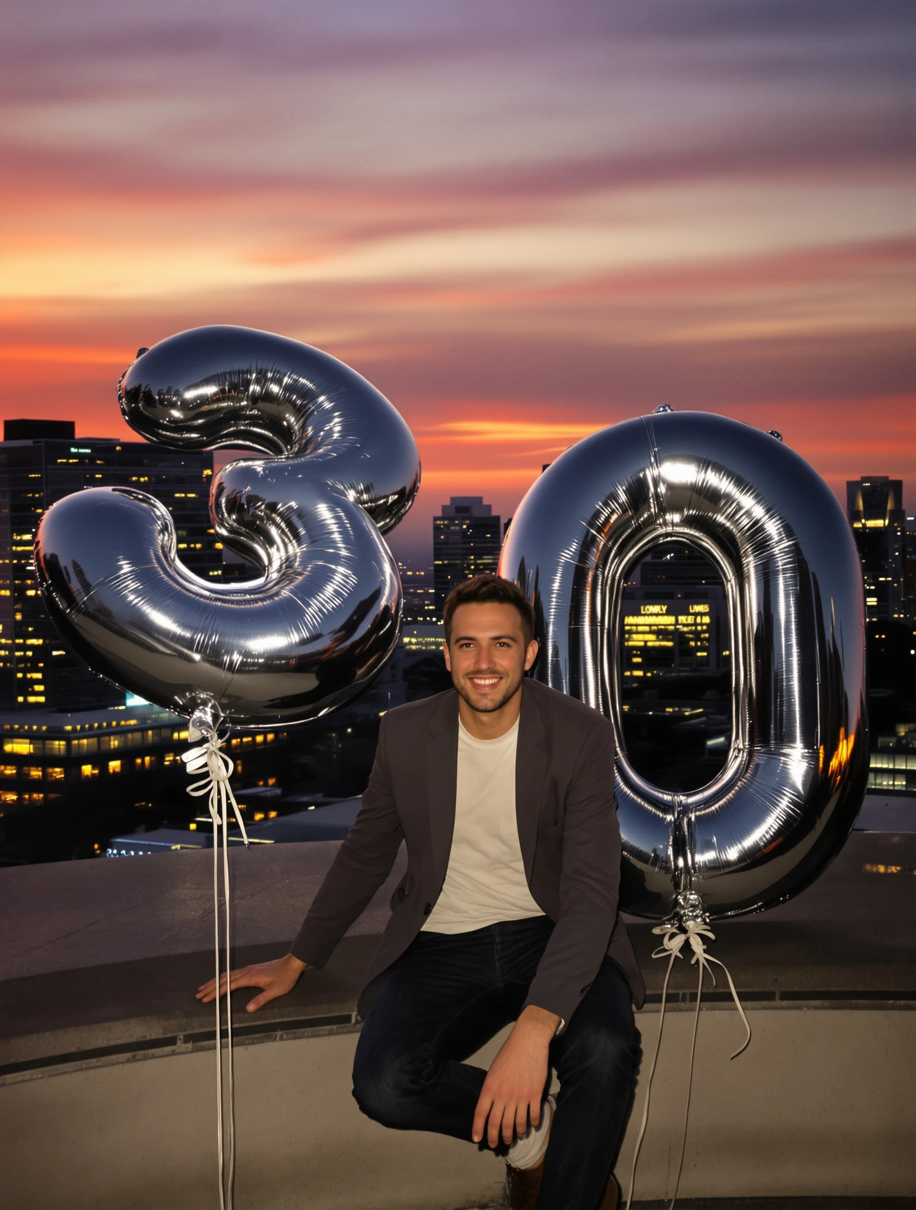 Man turning 30 sitting on a rooftop ledge at sunset with giant silver number-three-zero balloons beside him, casual blazer and tee, relaxed grin, city glowing behind him.