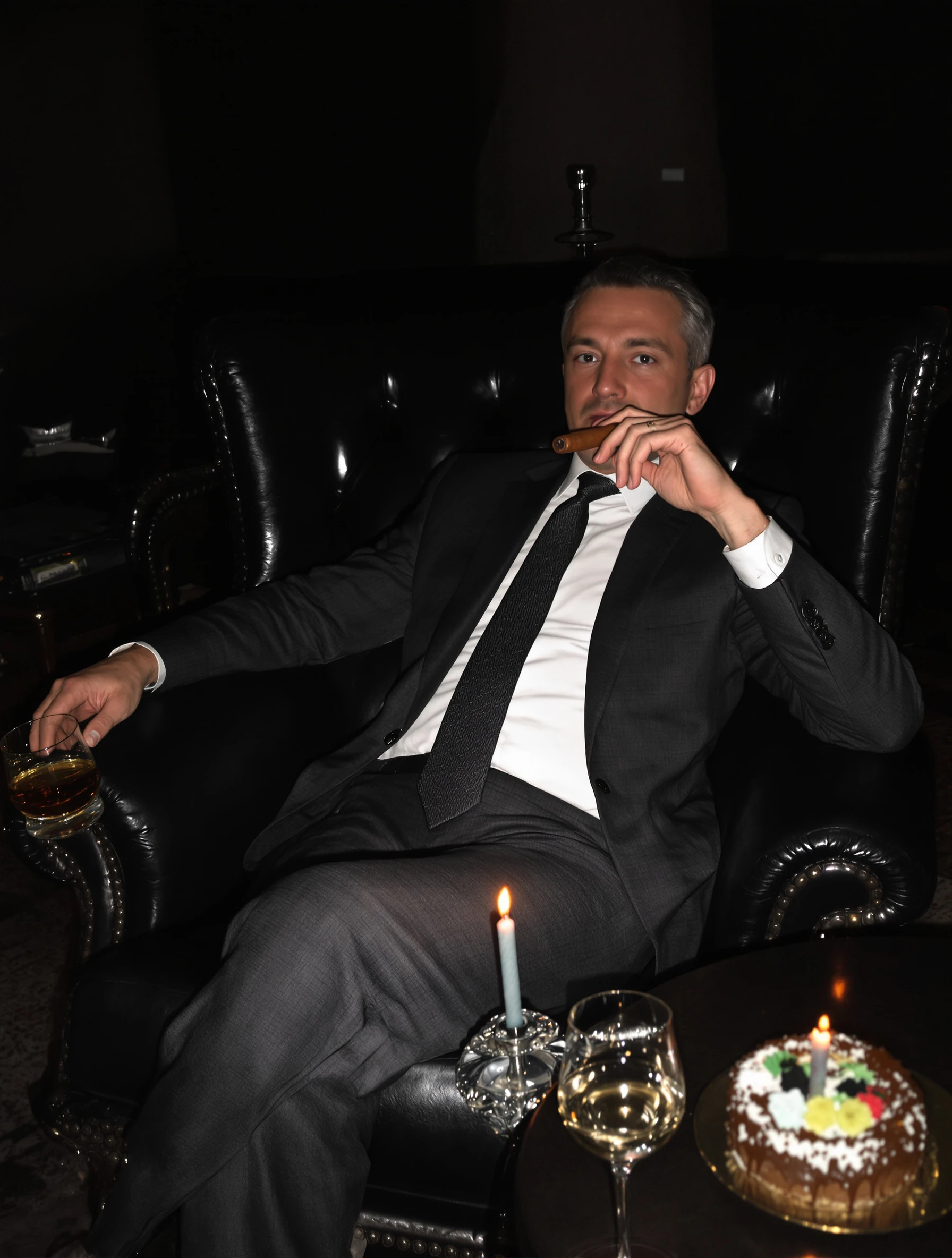 Man turning 40 in a charcoal suit seated in a leather armchair with a cigar and a glass of scotch, a small cake with a single candle on the side table, moody club lighting.
