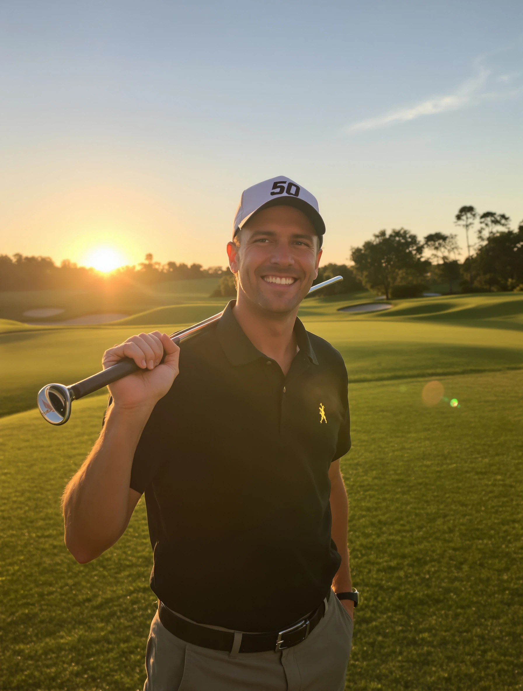 Man turning 50 standing on a golf course at golden hour with a club over his shoulder, polo and cap, proud easy smile, long shadows on the green.