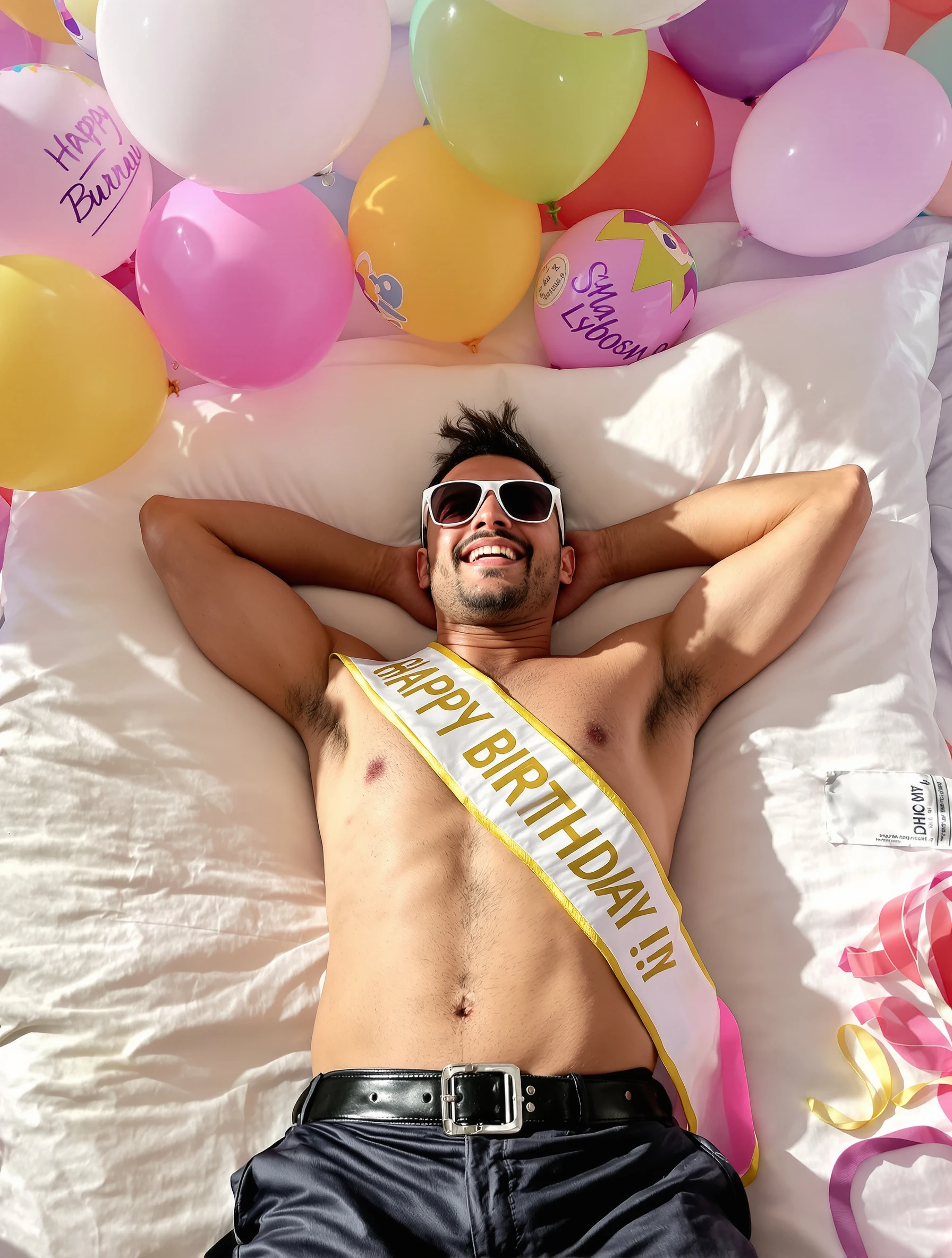 Man wearing a birthday sash and sunglasses lying on a hotel bed surrounded by balloons, arms behind his head, cheeky smile, bright morning light.