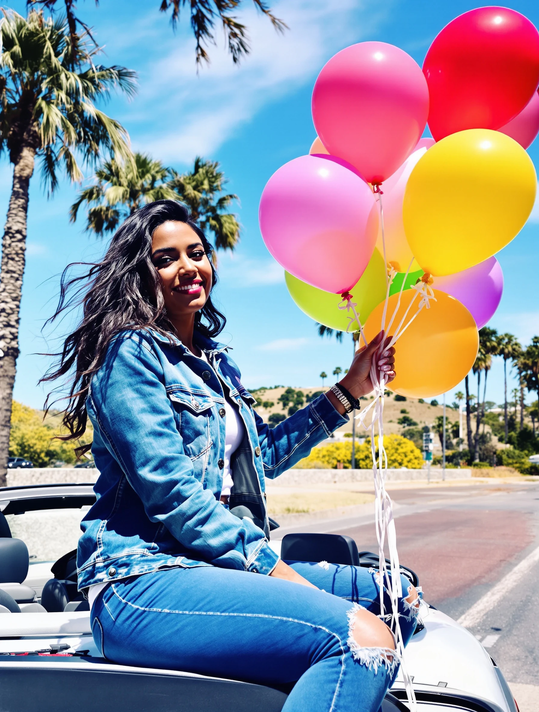 Woman in a denim jacket sitting on the trunk of a convertible holding a bunch of colorful balloons, palm trees and blue sky behind her, carefree road-trip birthday vibe.