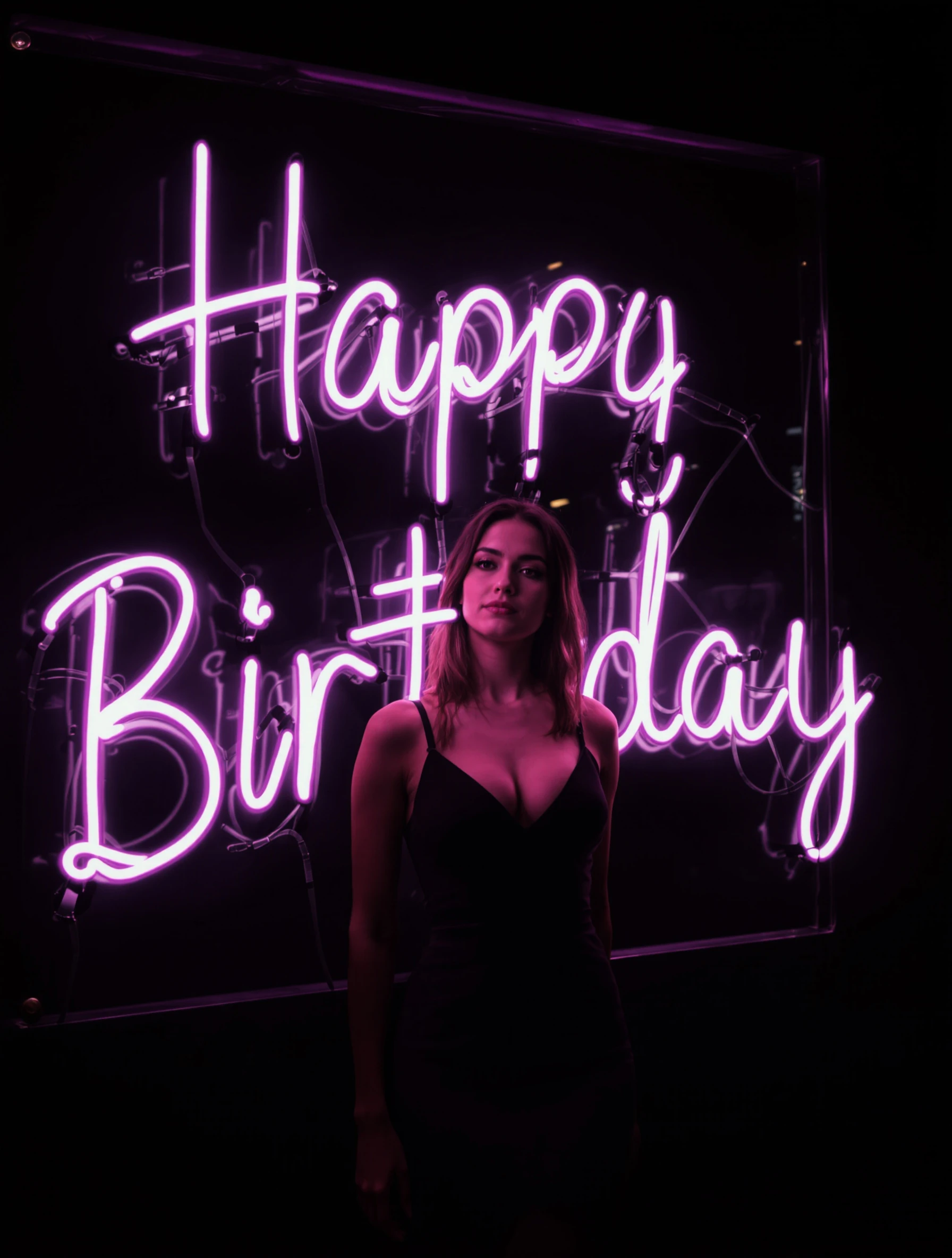 Woman in a fitted black dress standing in front of a neon sign reading Happy Birthday in a dark lounge, pink neon glow on her face, cool confident pose.