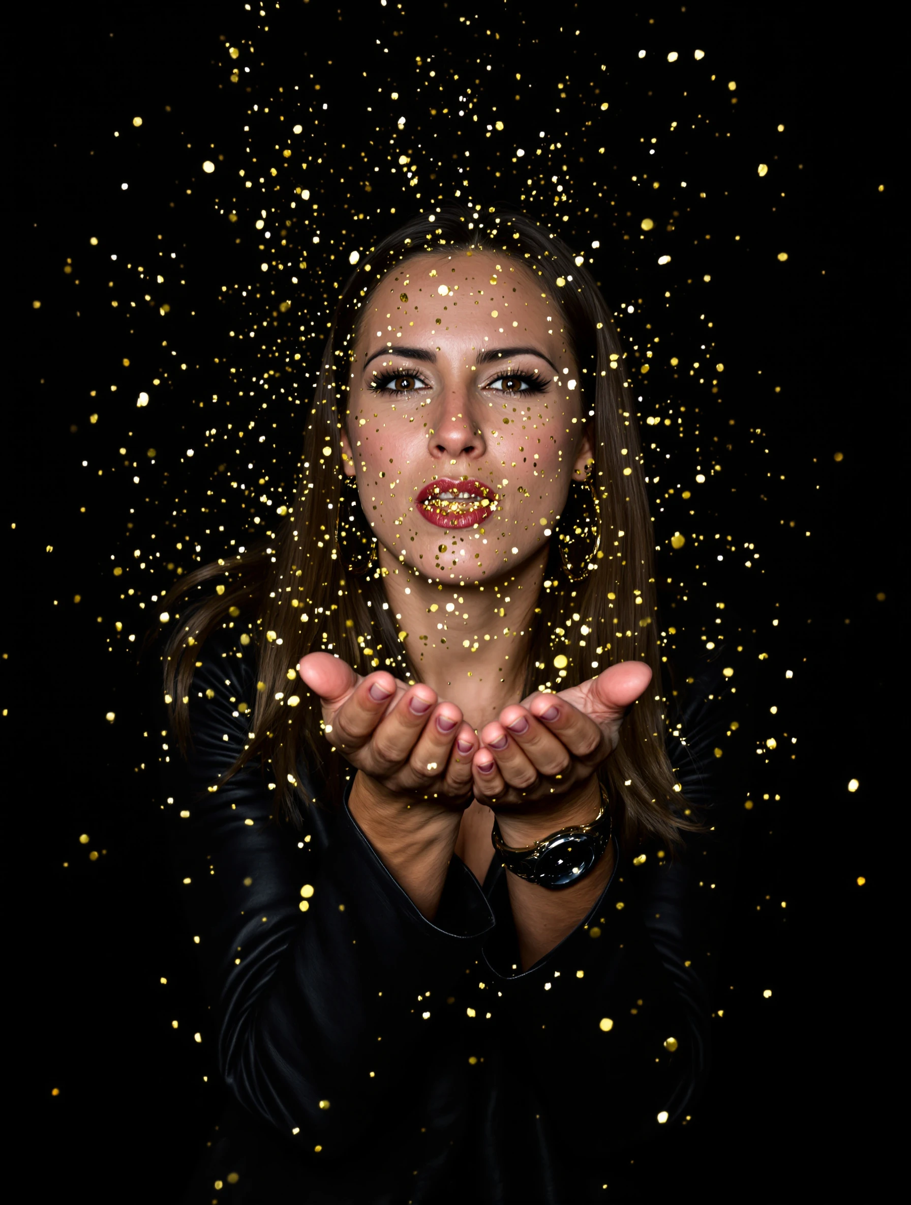 Woman in a leather jacket blowing a handful of gold glitter toward the camera in a dark studio, glitter frozen mid-air catching the light, mischievous grin.