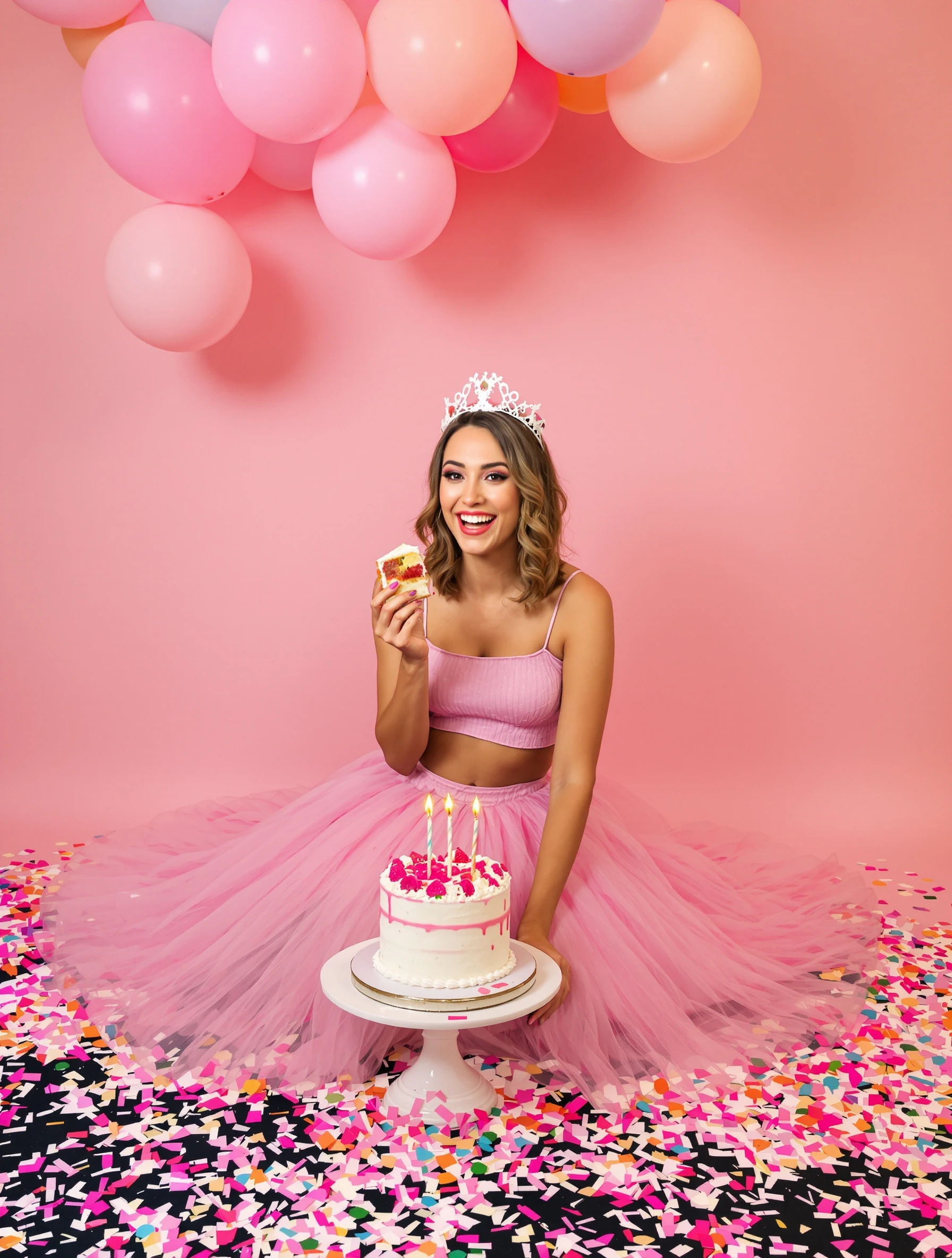 Woman in a pink tulle skirt and crop top sitting on the floor of a studio covered in confetti, holding a slice of cake with a big smile, pastel balloons floating above.