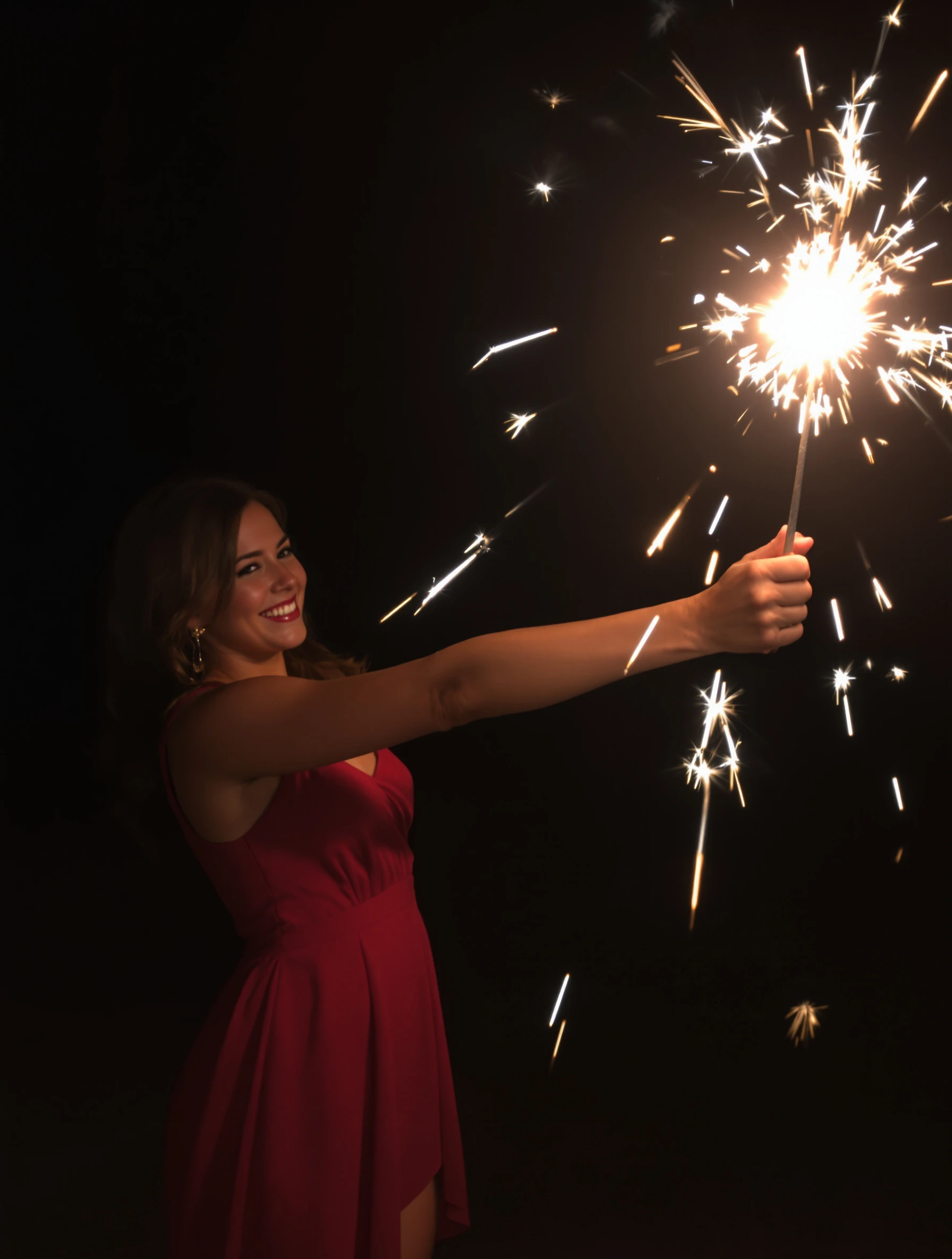 Woman in a red dress holding a lit sparkler at arm's length on a dark beach at night, sparks trailing, joyful expression, long exposure light streaks.