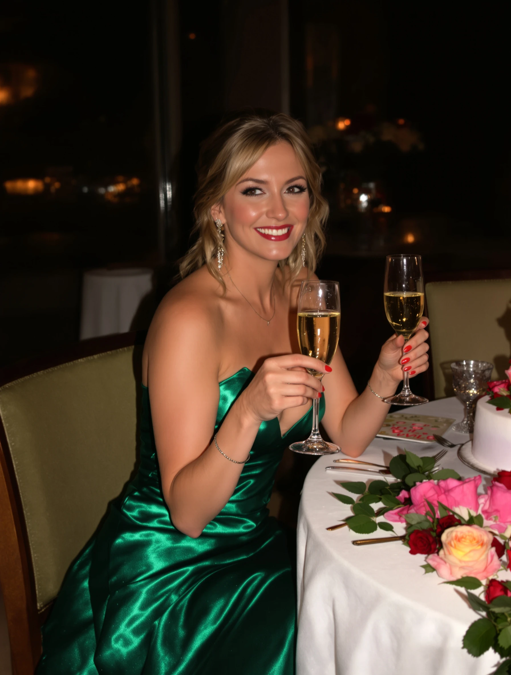 Woman in an emerald evening gown holding a glass of champagne at a candlelit dinner table set for one with roses and a small cake, elegant birthday portrait.