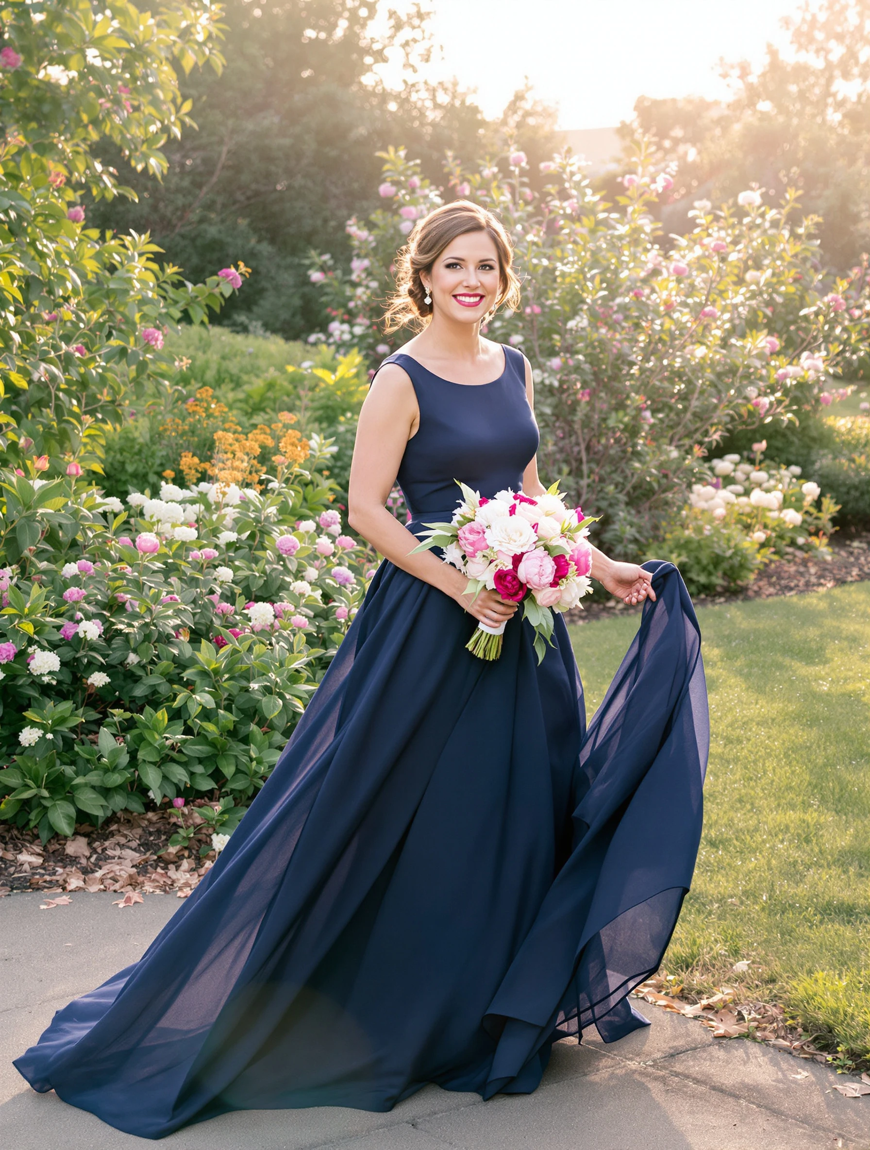 Woman turning 50 in a flowing navy gown in a garden at golden hour, holding a bouquet of peonies, warm serene smile, soft backlight.