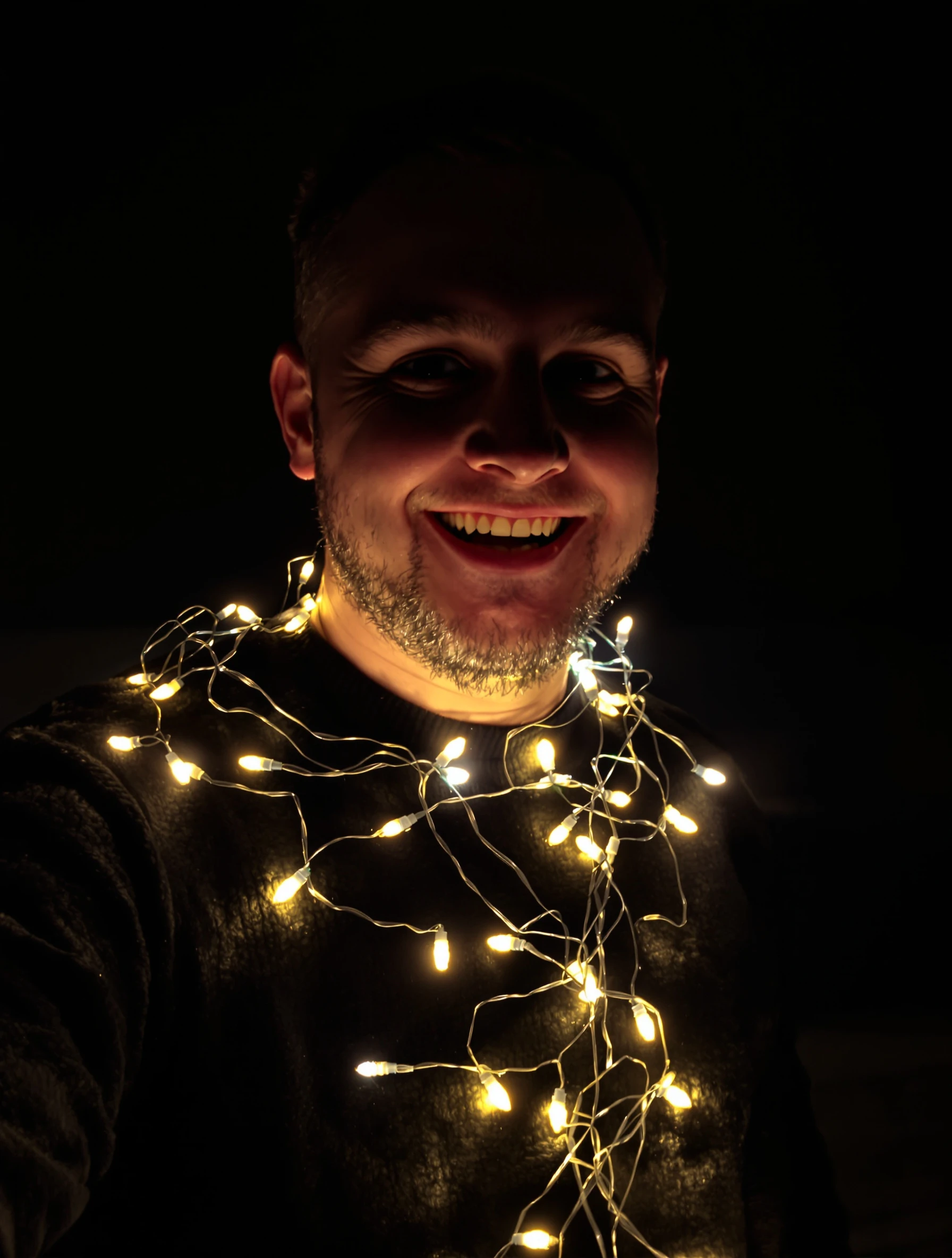 Man in a black sweater with a string of glowing Christmas lights wrapped around his shoulders in a dark room, warm glow on his face, playful smile.
