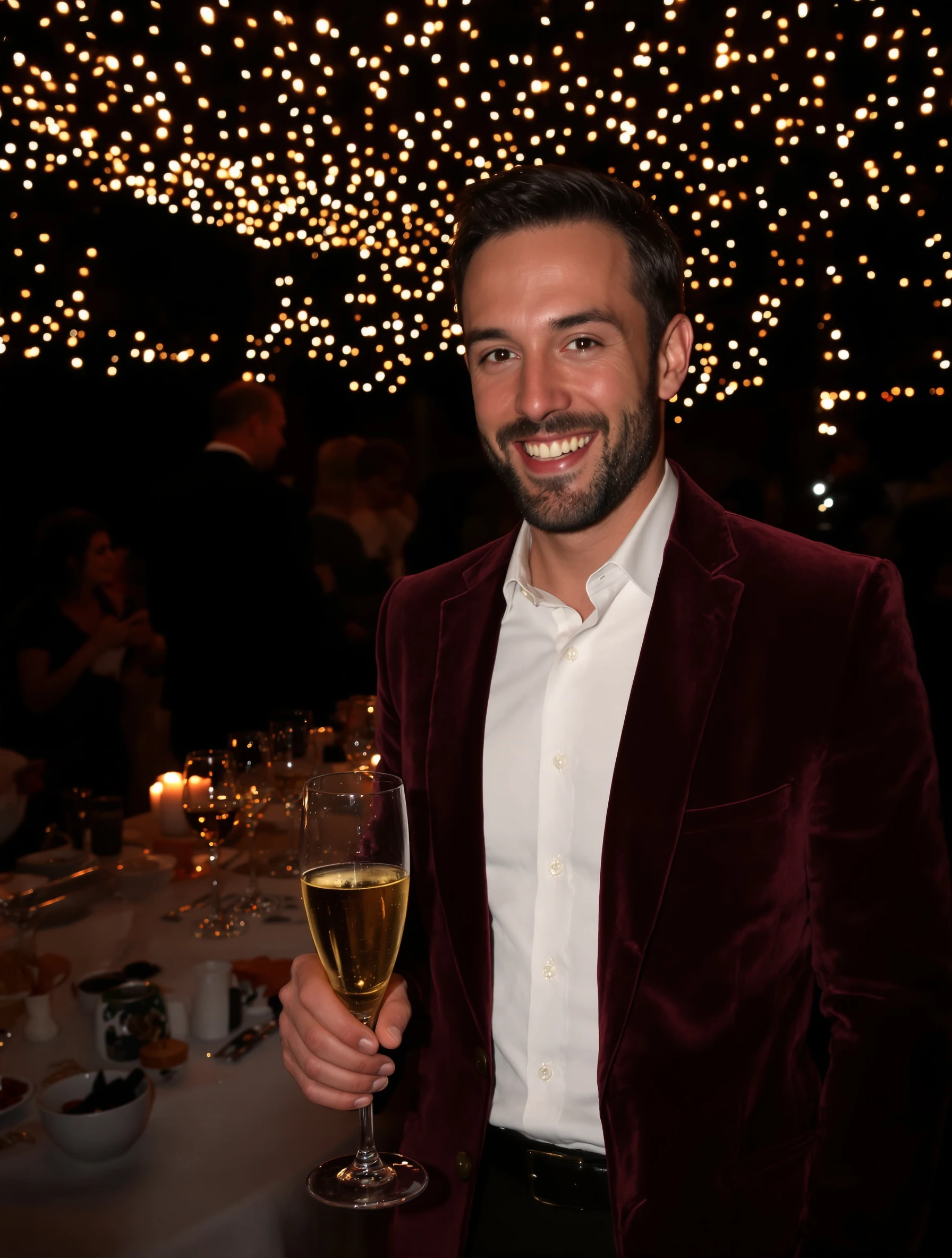 Man in a burgundy velvet blazer under warm fairy lights at a holiday party, champagne in hand, charming smile, dreamy bokeh.