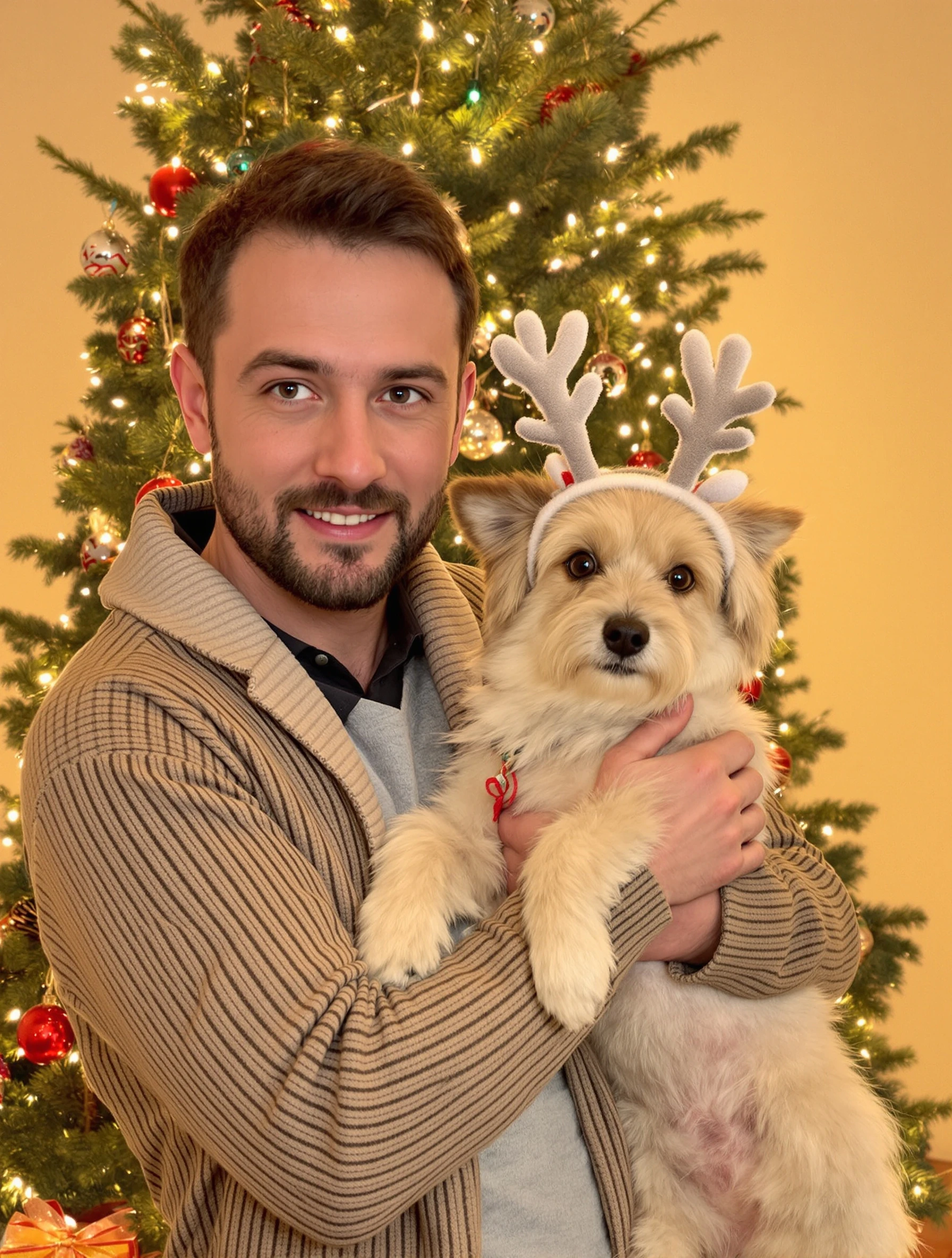 Man in a cozy cardigan holding a small dog wearing reindeer antlers in front of the Christmas tree, both looking at the camera, warm light.