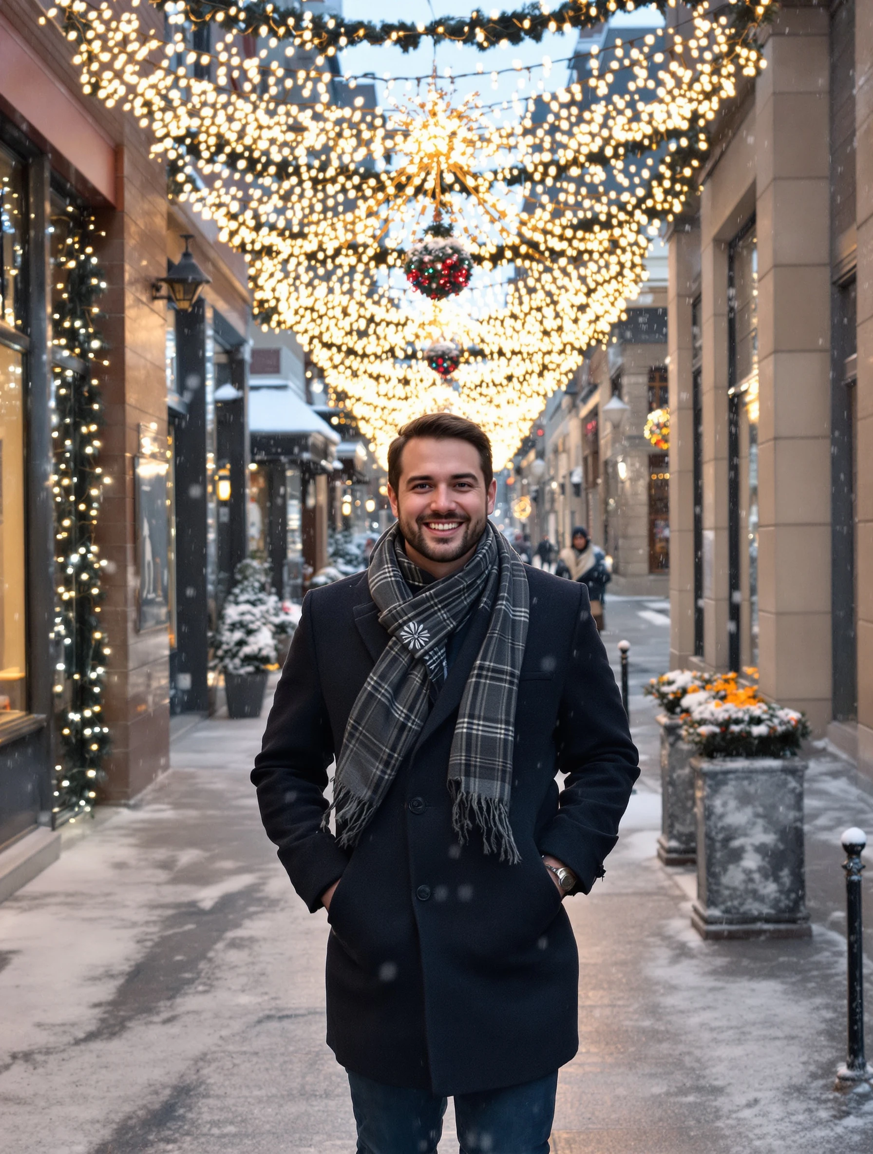 Man in a dark wool coat and scarf walking down a snowy city street under strings of Christmas lights, hands in pockets, snow falling, warm smile.