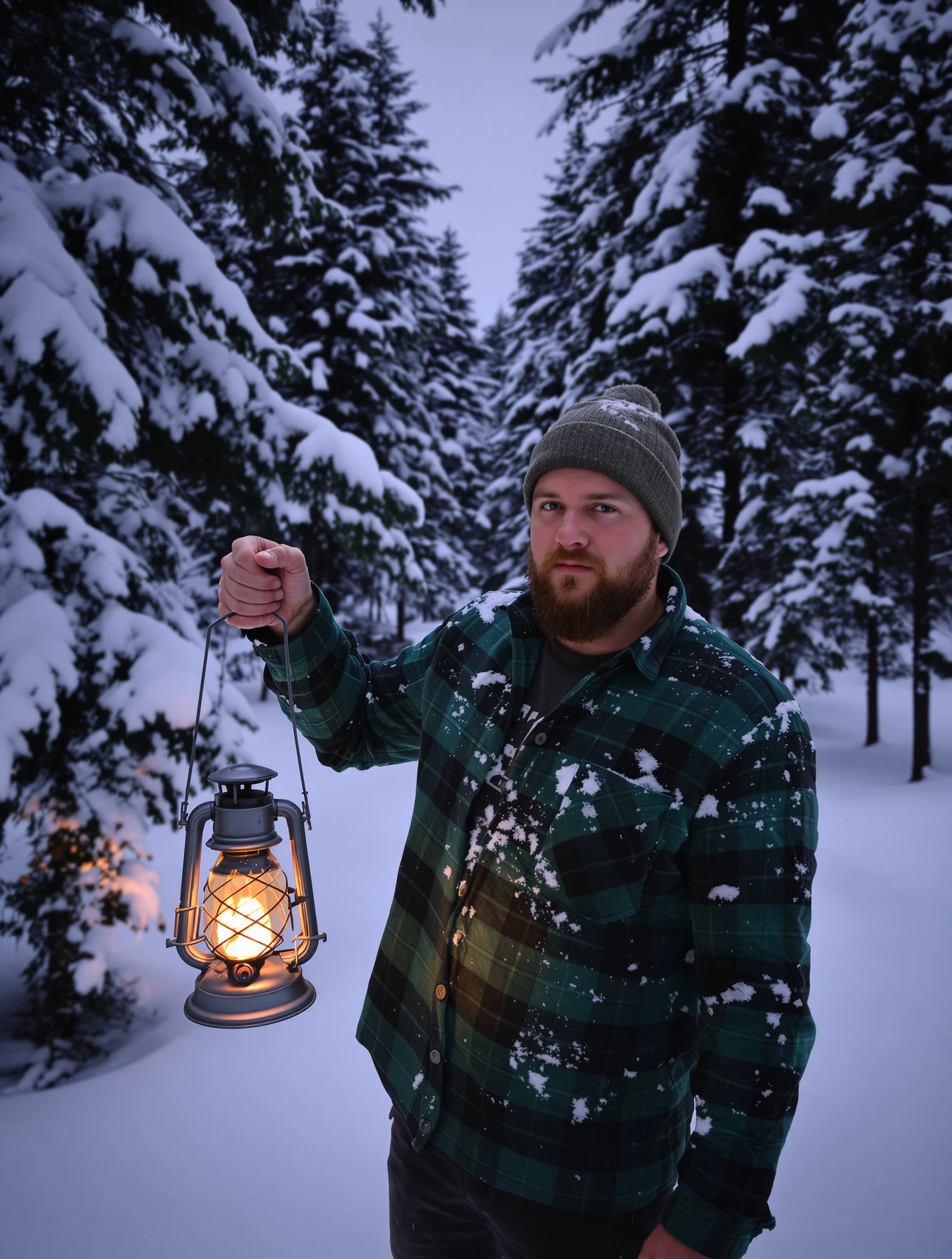 Man in a green flannel and beanie in a snowy pine forest holding a lantern at dusk, soft snowfall, calm expression.