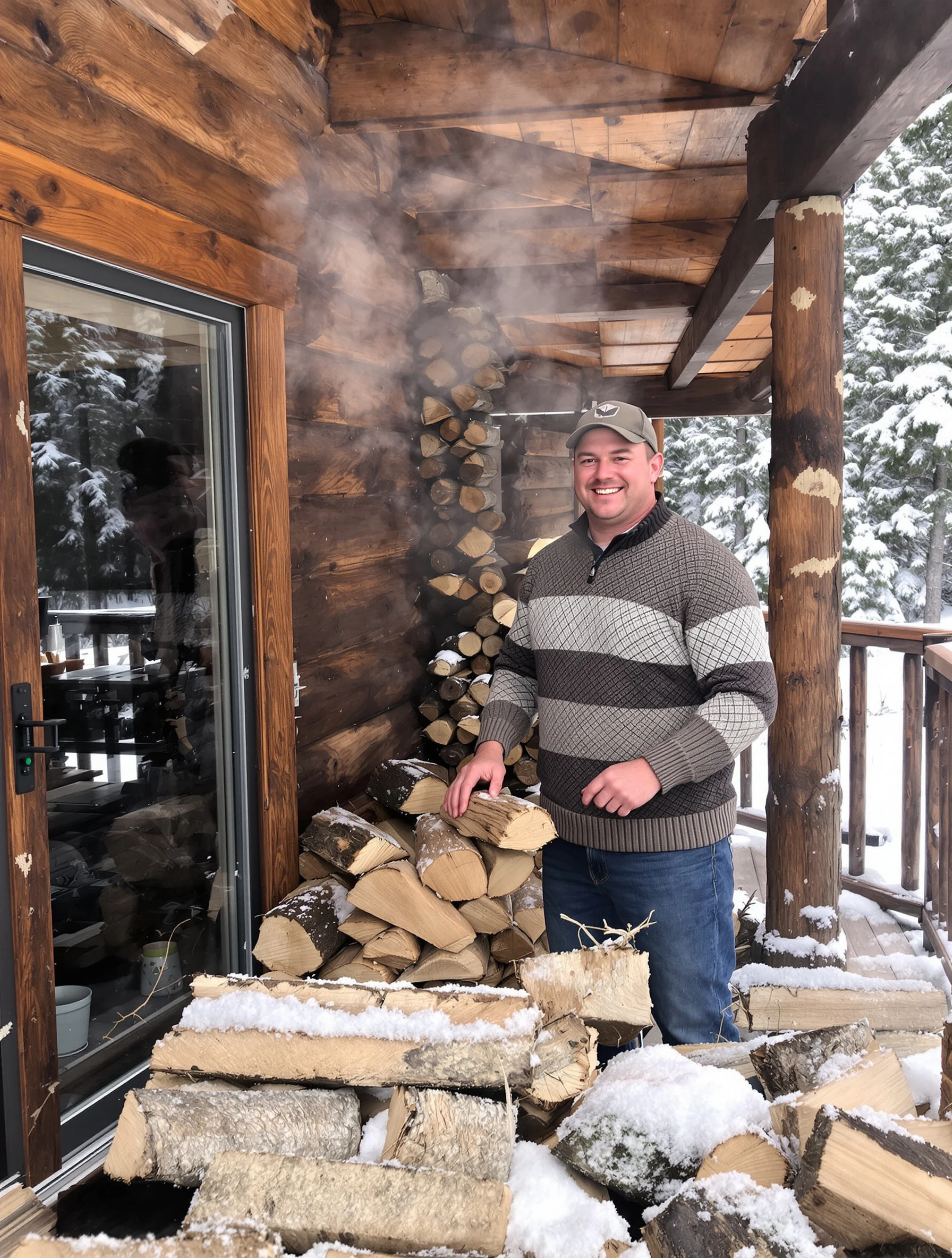 Man in a knit sweater standing on a log cabin porch stacking firewood, snowy pines behind him, breath visible in the cold air, easy grin.