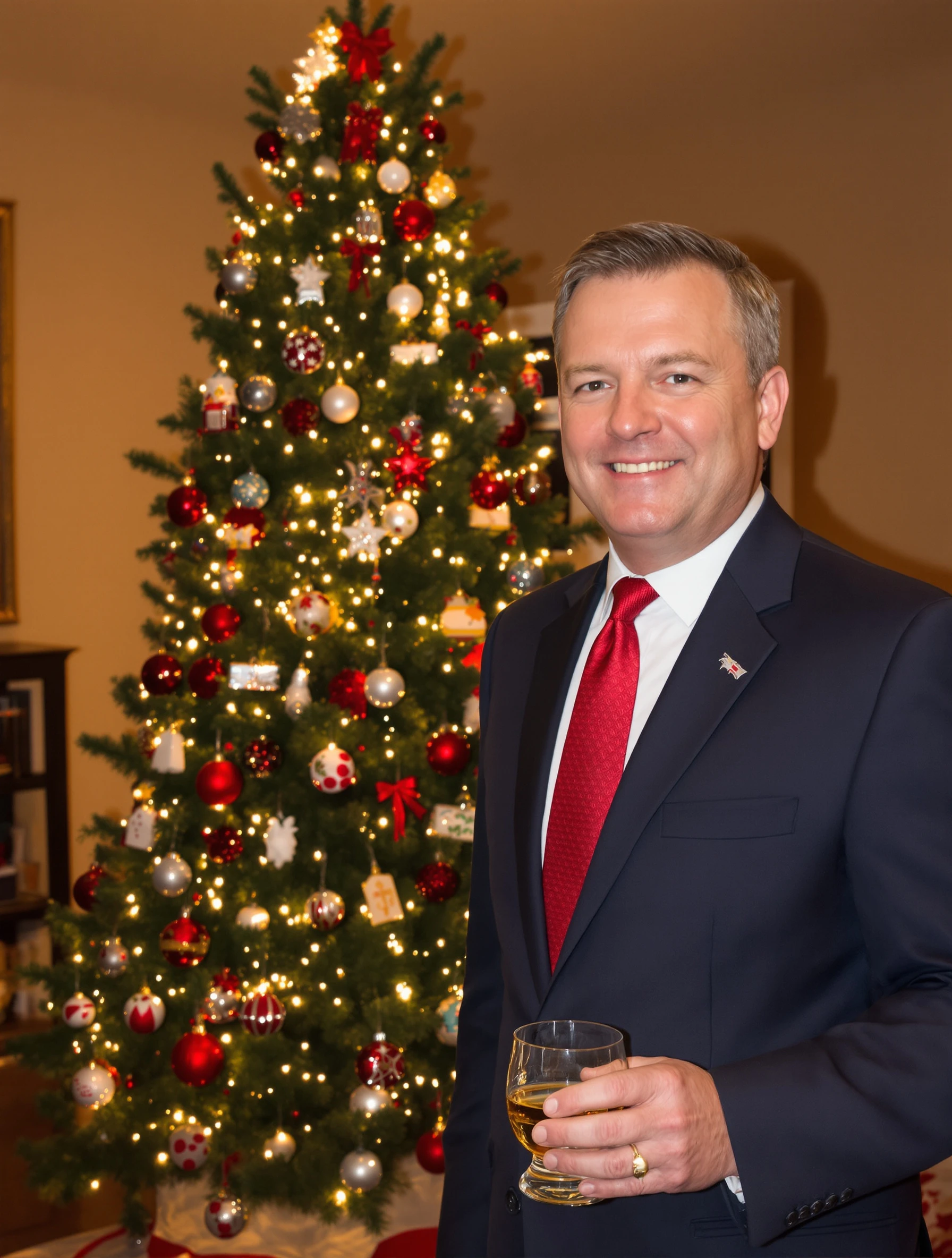 Man in a navy suit and red tie holding a glass of whiskey beside a tall decorated Christmas tree in a warm living room, elegant holiday portrait.