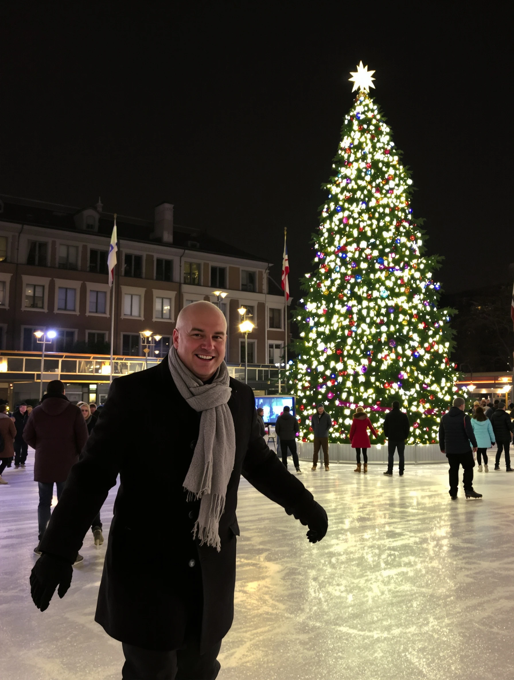 Man in a peacoat and scarf ice skating on an outdoor rink at night beside a huge lit Christmas tree, mid-stride, joyful.