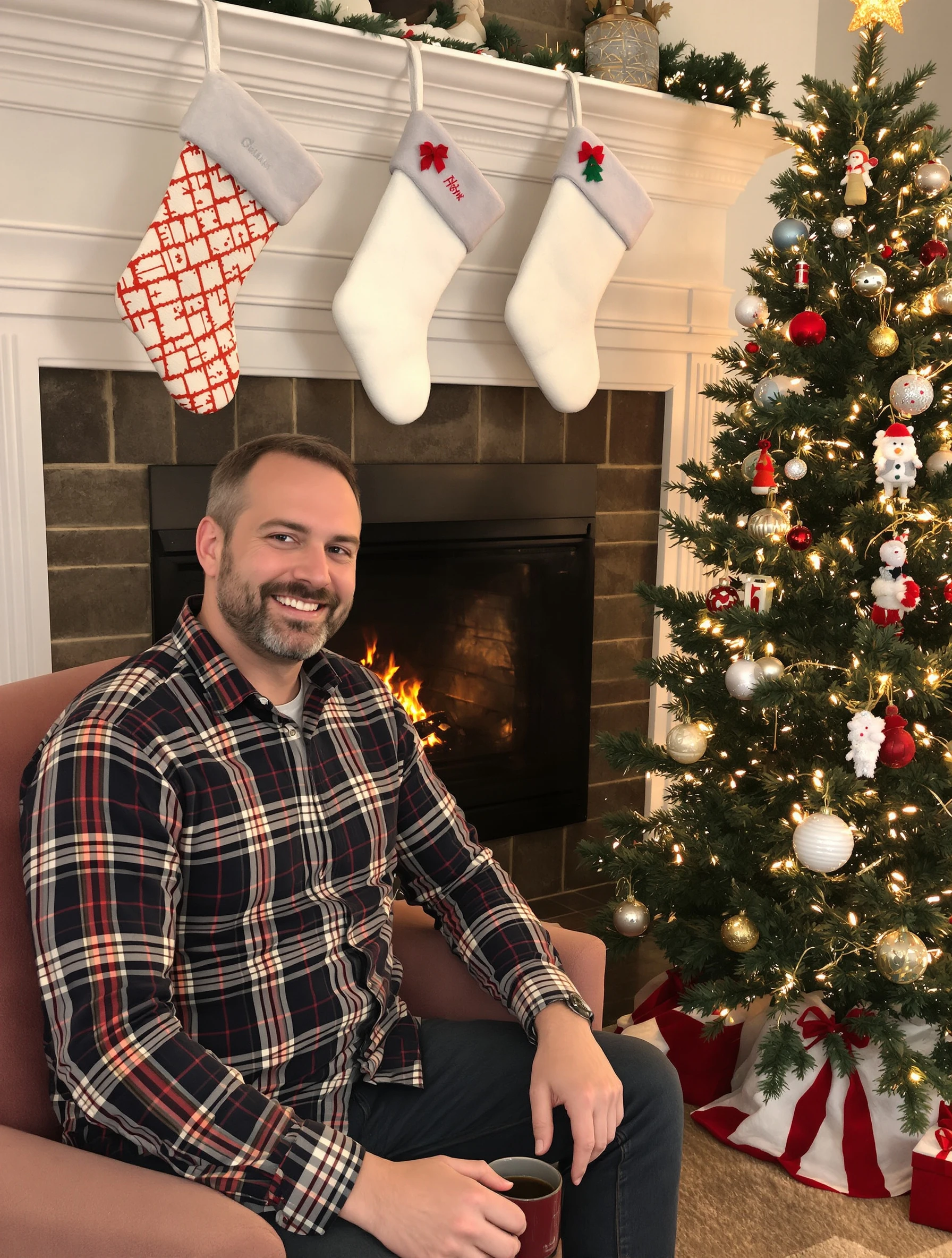 Man in a plaid flannel shirt sitting by a crackling fireplace with a mug of cocoa, stockings hanging above, Christmas tree glowing beside him, relaxed smile.