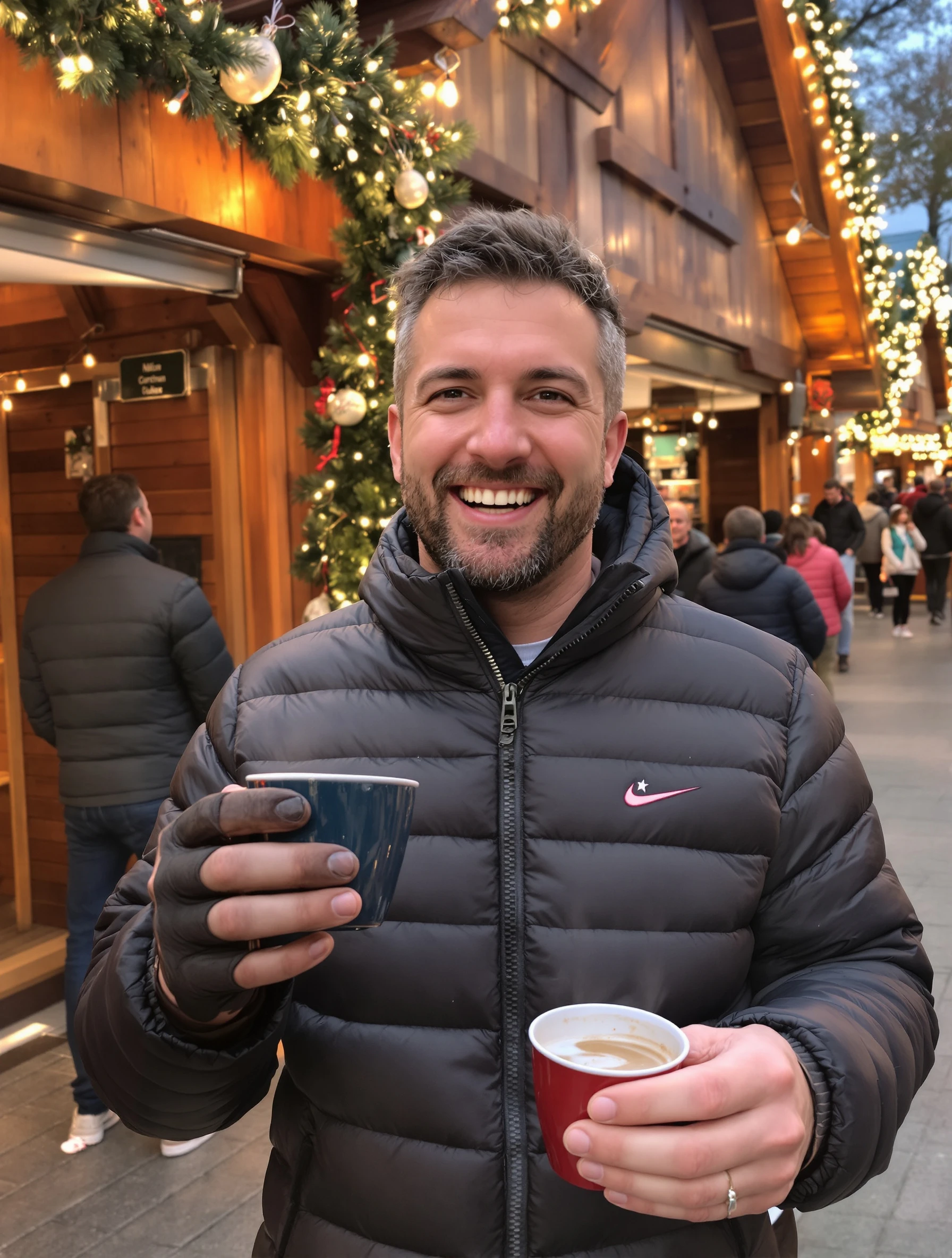Man in a puffer jacket holding two cups of cocoa at a Christmas market, wooden stalls and string lights glowing, laughing, rosy cheeks.