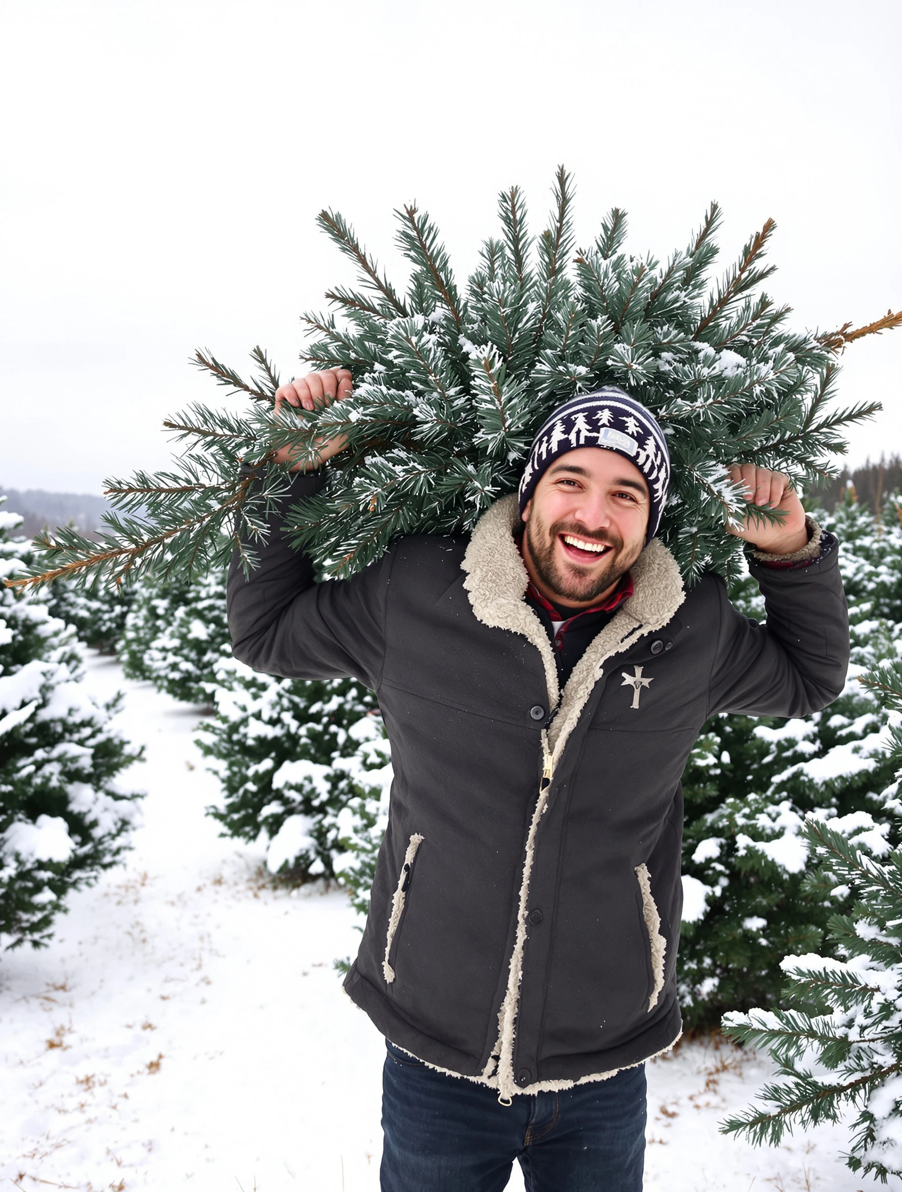 Man in a shearling jacket and beanie carrying a fresh-cut Christmas tree over his shoulder through a snowy tree farm, grinning, overcast winter light.