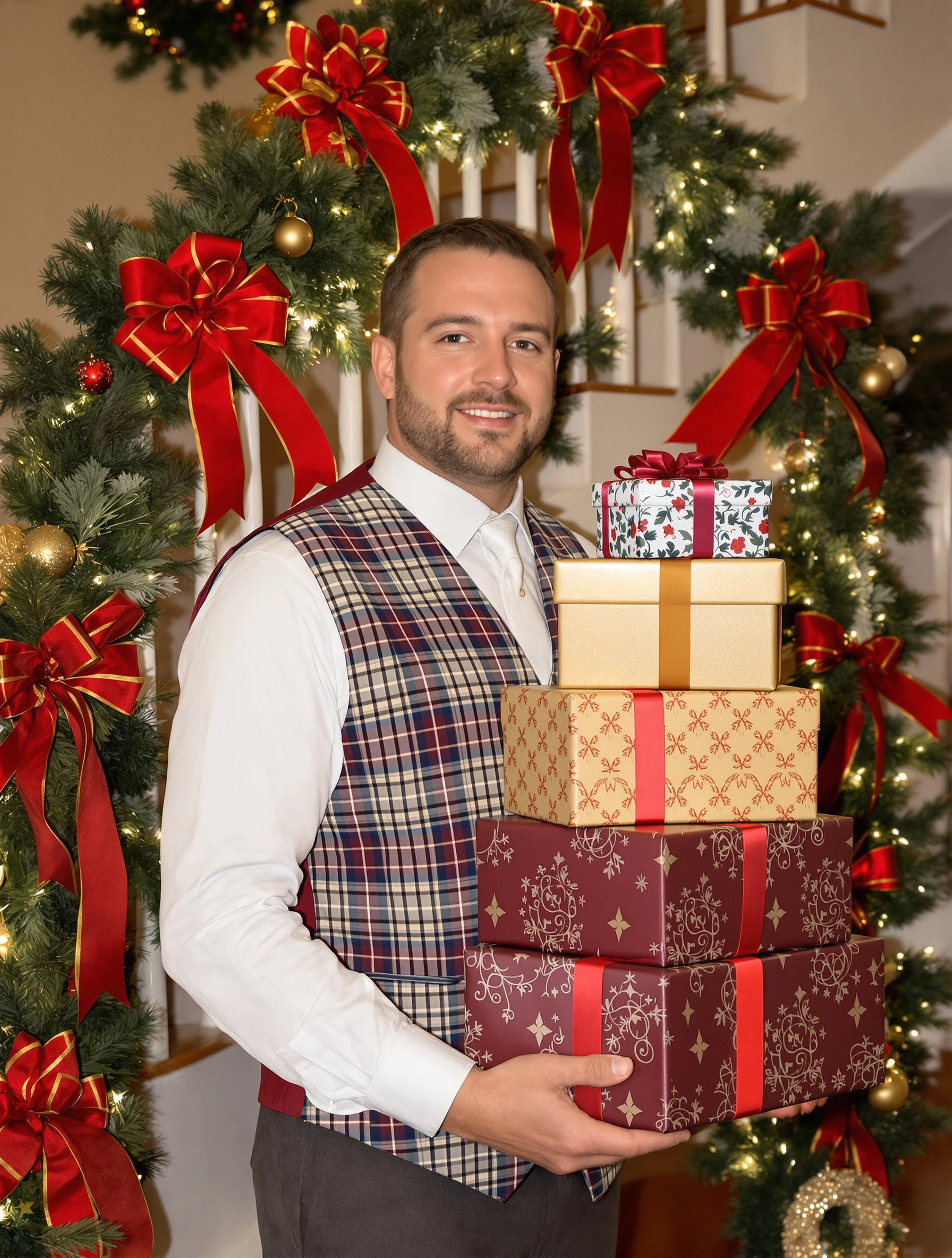 Man in a tartan vest and white shirt standing by a staircase wrapped in garland and red bows, holding a stack of gifts, classic holiday portrait.