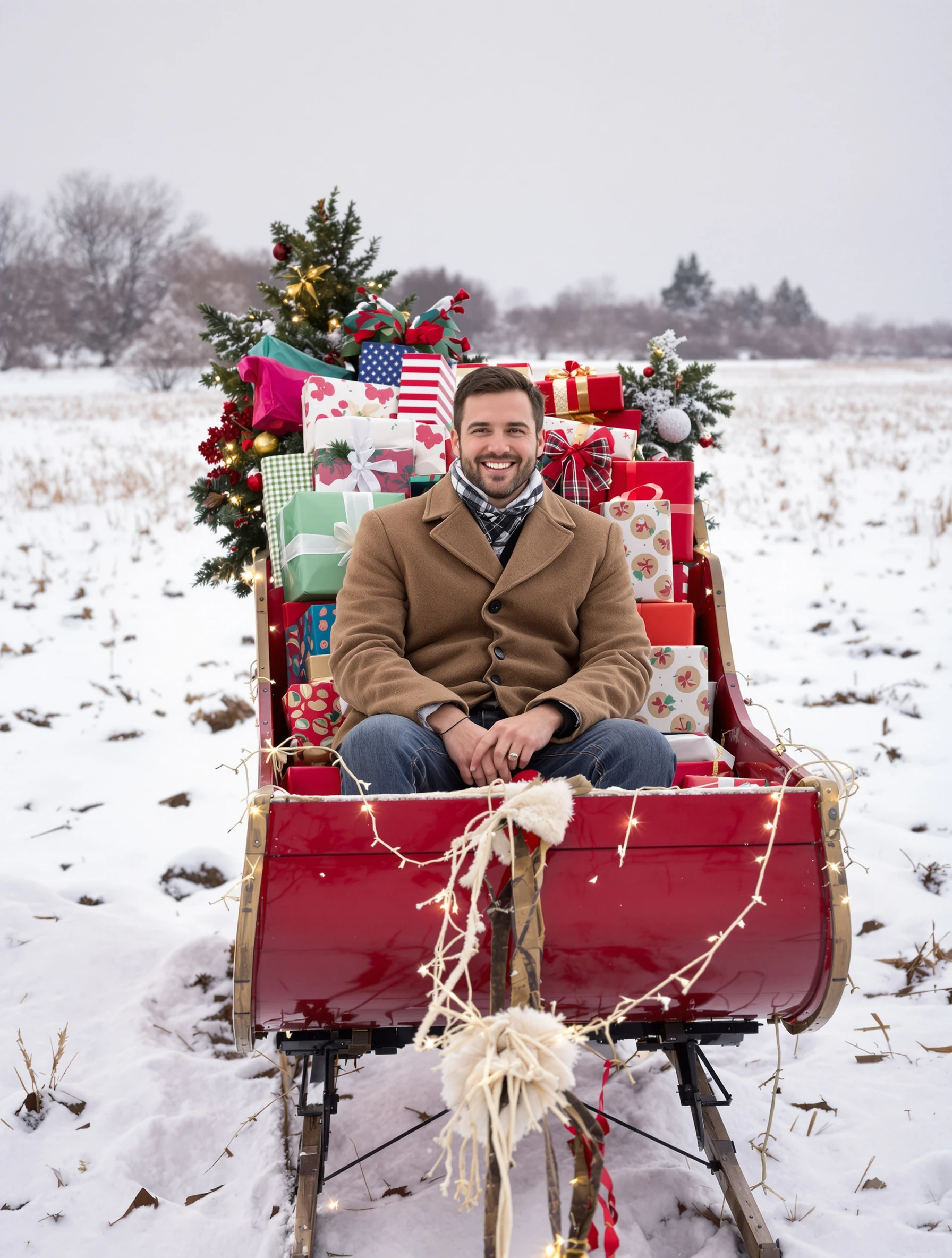 Man in a wool coat sitting in a vintage red sleigh full of wrapped gifts in a snowy field, twinkle lights, big festive grin.