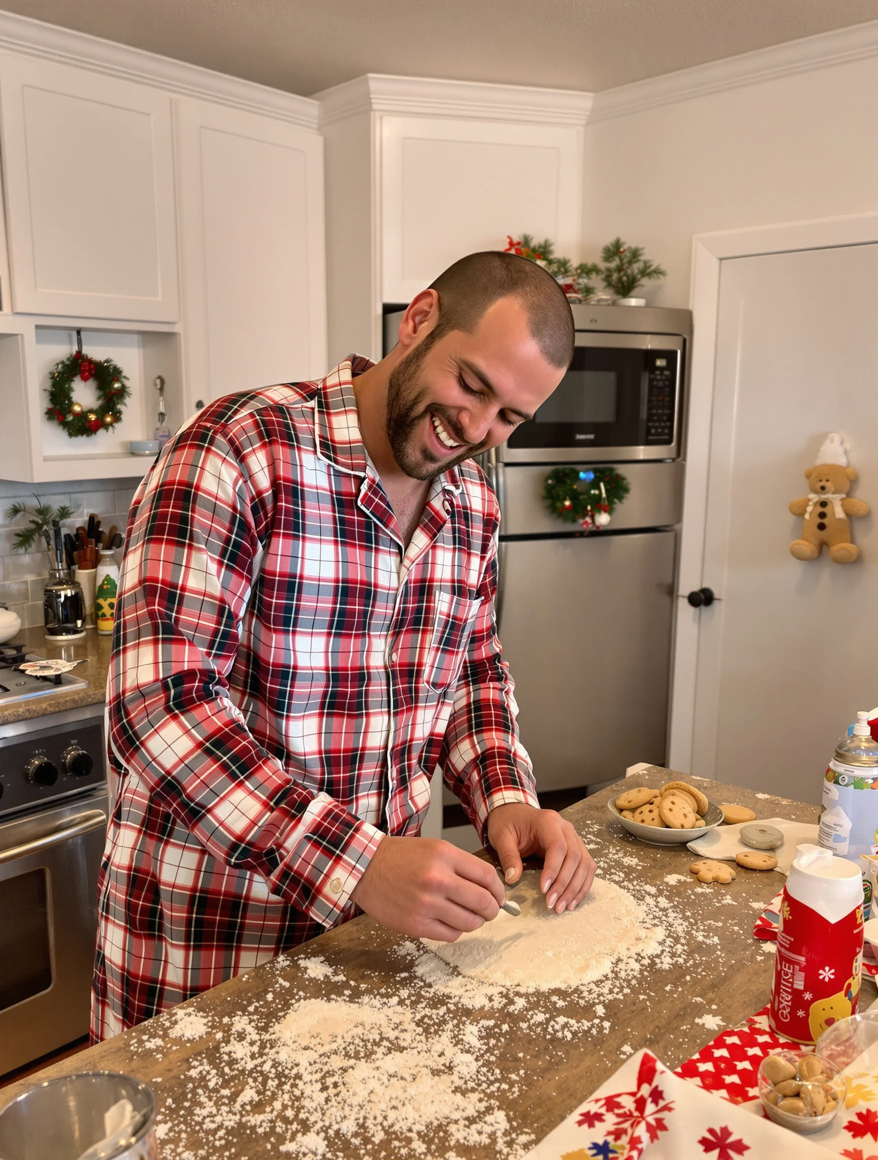 Man in matching plaid pajamas frosting sugar cookies at a kitchen island, flour on his hands, laughing, warm holiday kitchen.