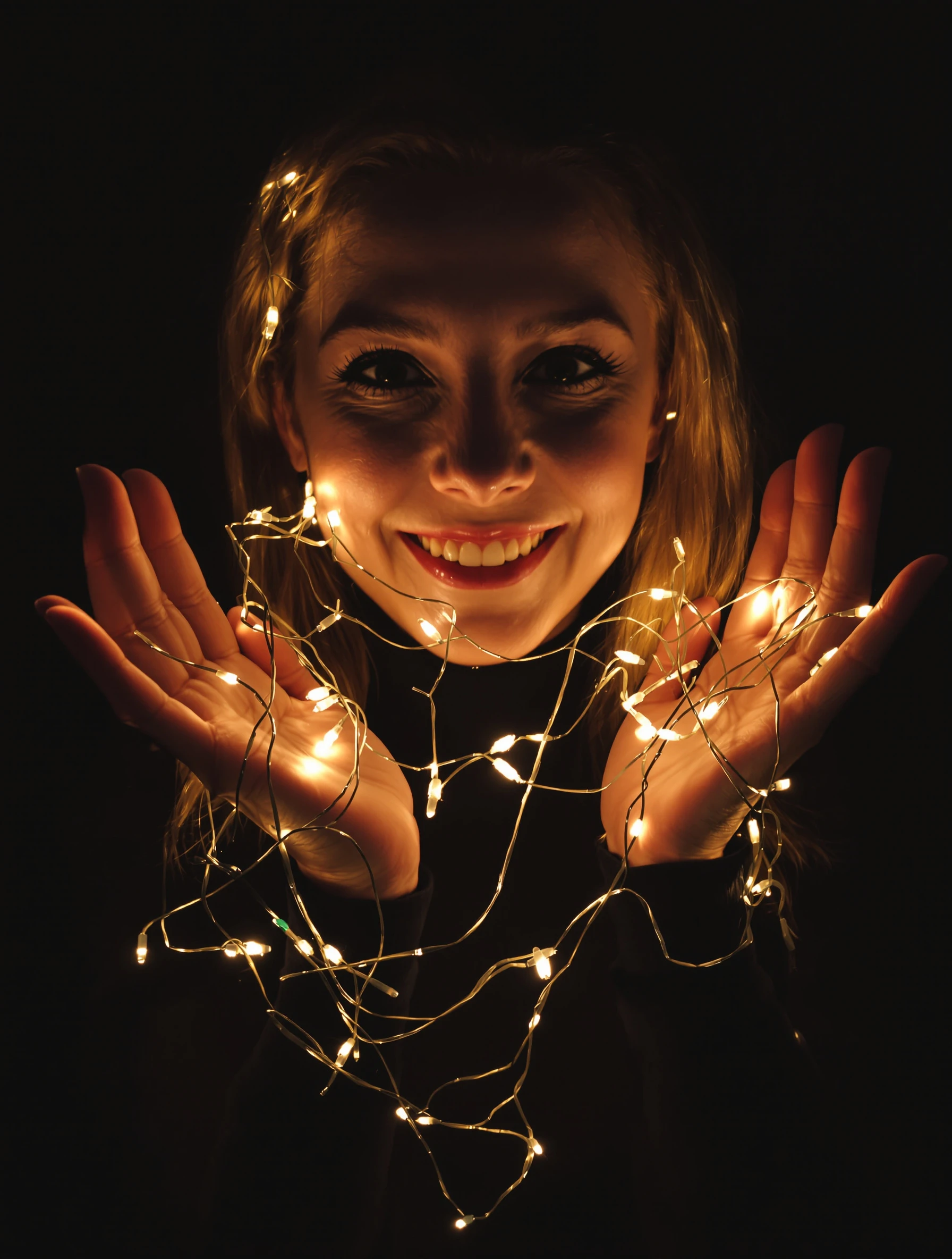 Woman in a black turtleneck holding a string of glowing Christmas lights wrapped around her hands close to her face, dark room, warm glow on her features, soft smile.