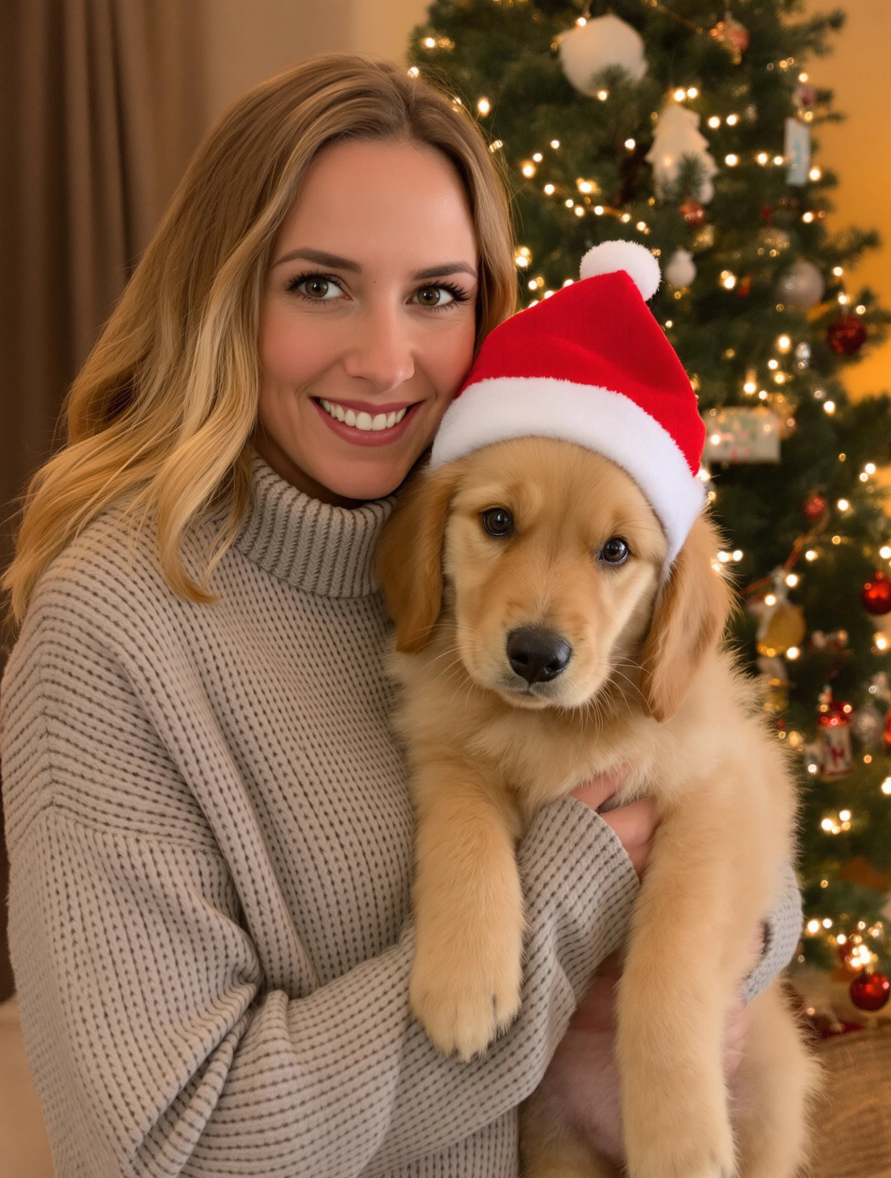 Woman in a cozy sweater holding a golden retriever puppy wearing a tiny Santa hat in front of the Christmas tree, both looking at the camera, warm lamp light.