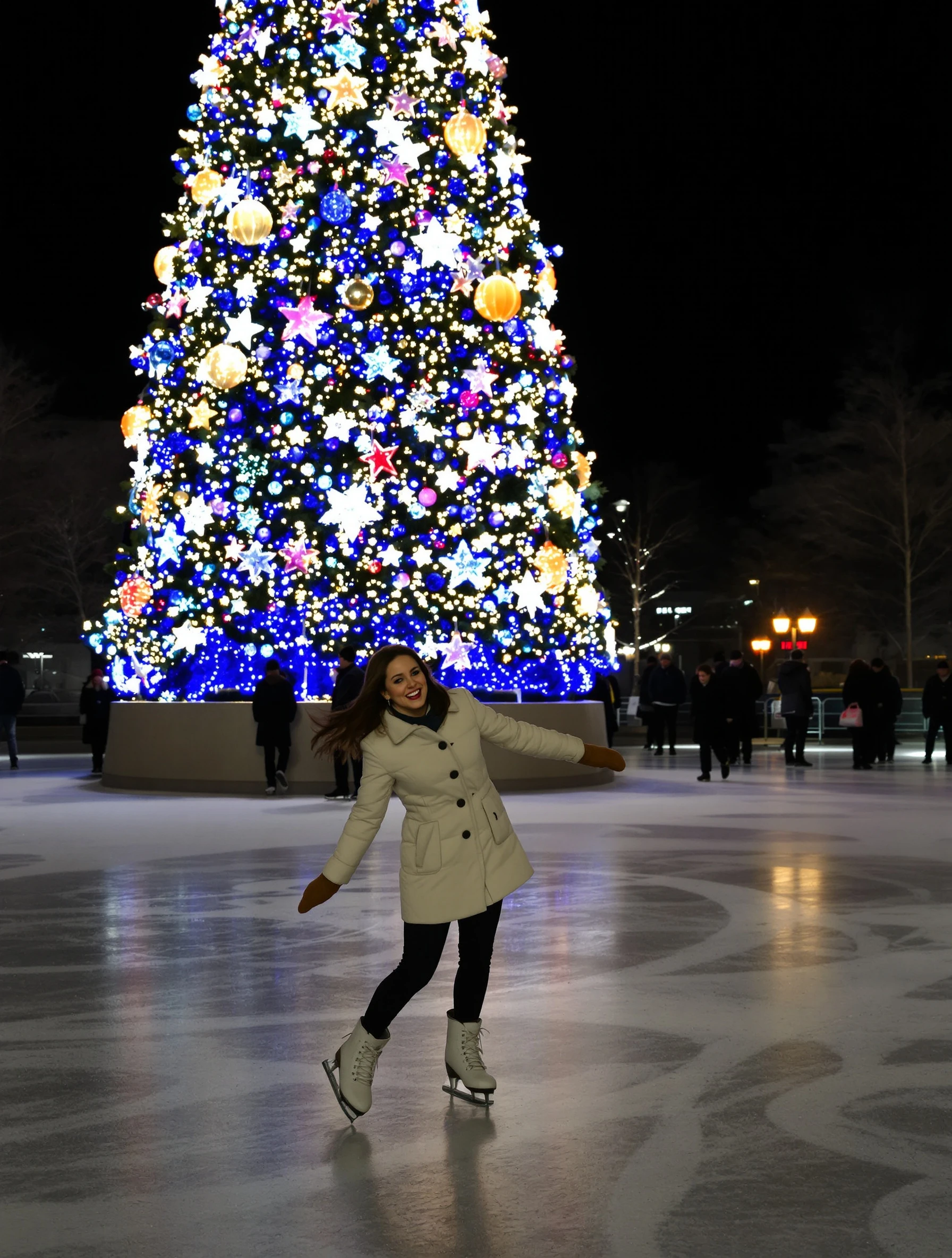 Woman in a cream coat and mittens ice skating on an outdoor rink at night surrounded by a giant lit Christmas tree, mid-glide, joyful expression.